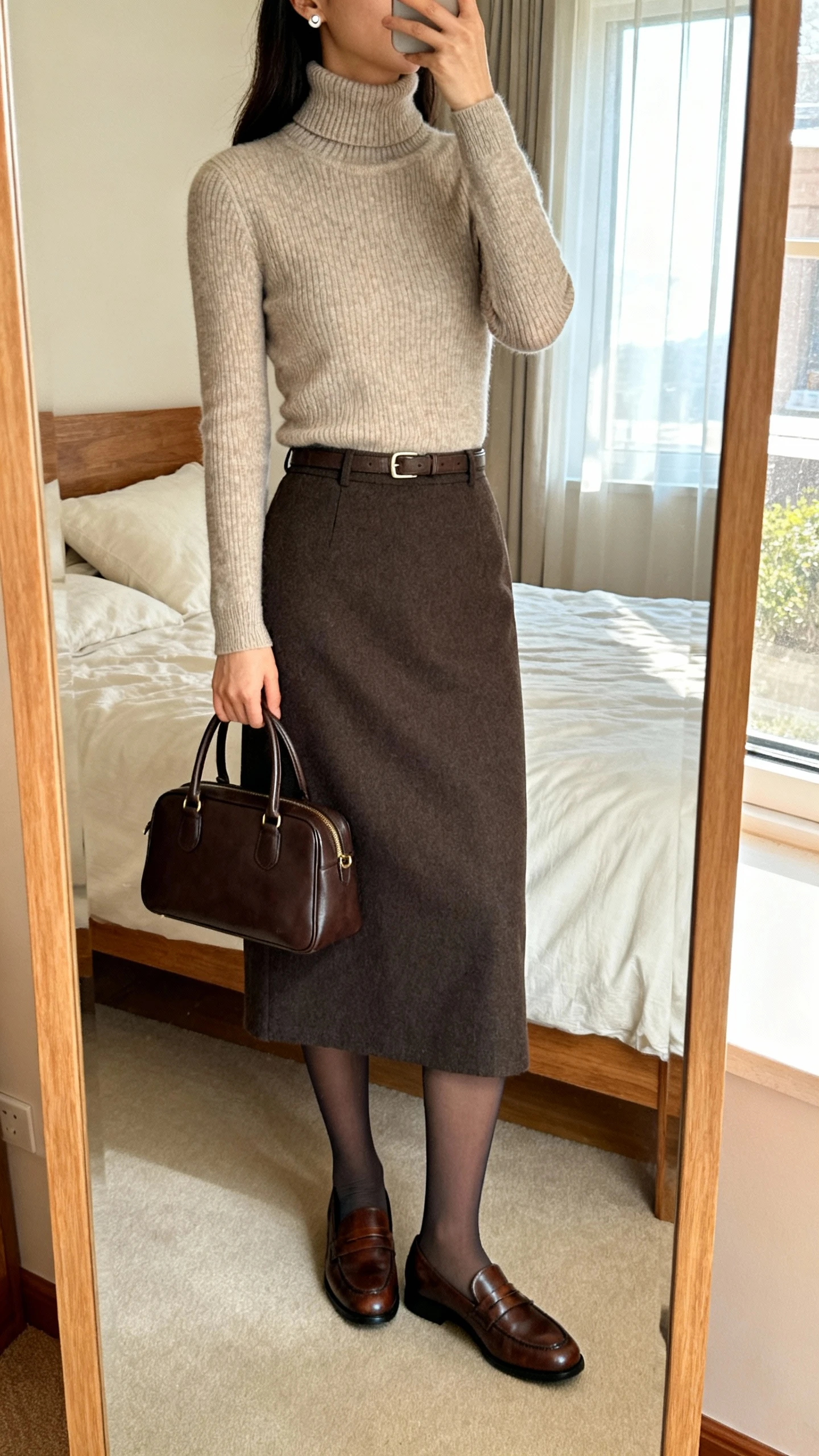 iPhone mirror selfie of a woman wearing a fitted heritage turtleneck sweater tucked into a midi skirt, opaque tights, classic leather loafers, structured top-handle bag, and simple stud earrings, face not visible, cropped at neck, bedroom mirror, soft morning window light, iPhone photo quality.