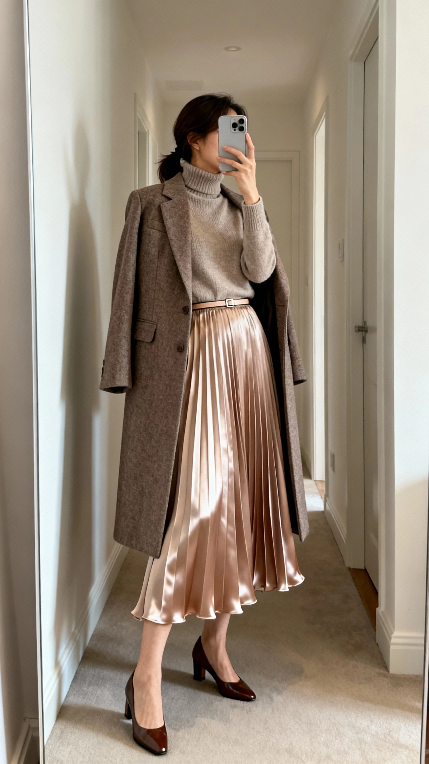 iPhone mirror selfie of a woman wearing a flowy tea-length pleated midi skirt (satin/chiffon) with a fitted turtleneck sweater, thin waist belt, polished low-heel pumps, and a structured longline wool blazer draped on shoulders, face not visible, side angle in hallway mirror, natural indoor light, iPhone photo quality.