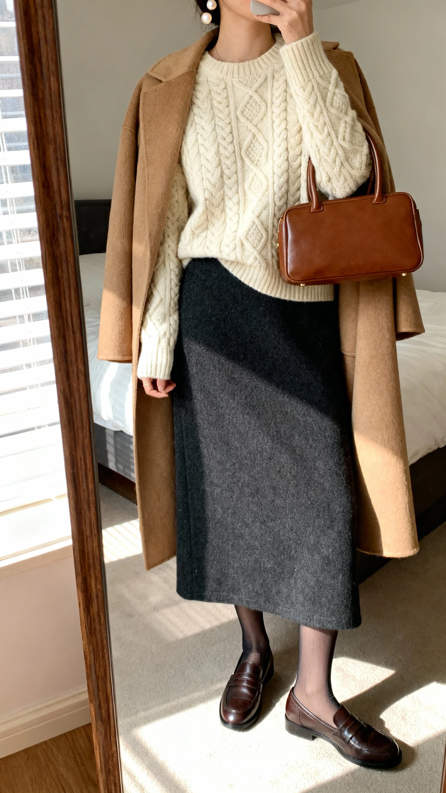 iPhone mirror selfie of a woman wearing a heritage cable-knit sweater in cream, a charcoal wool maxi skirt, sheer tights, classic leather loafers, a camel wool coat draped over shoulders, pearl stud earrings, and a structured brown leather top-handle bag, face not visible, cropped at neck, bedroom mirror, morning window light, iPhone photo quality.