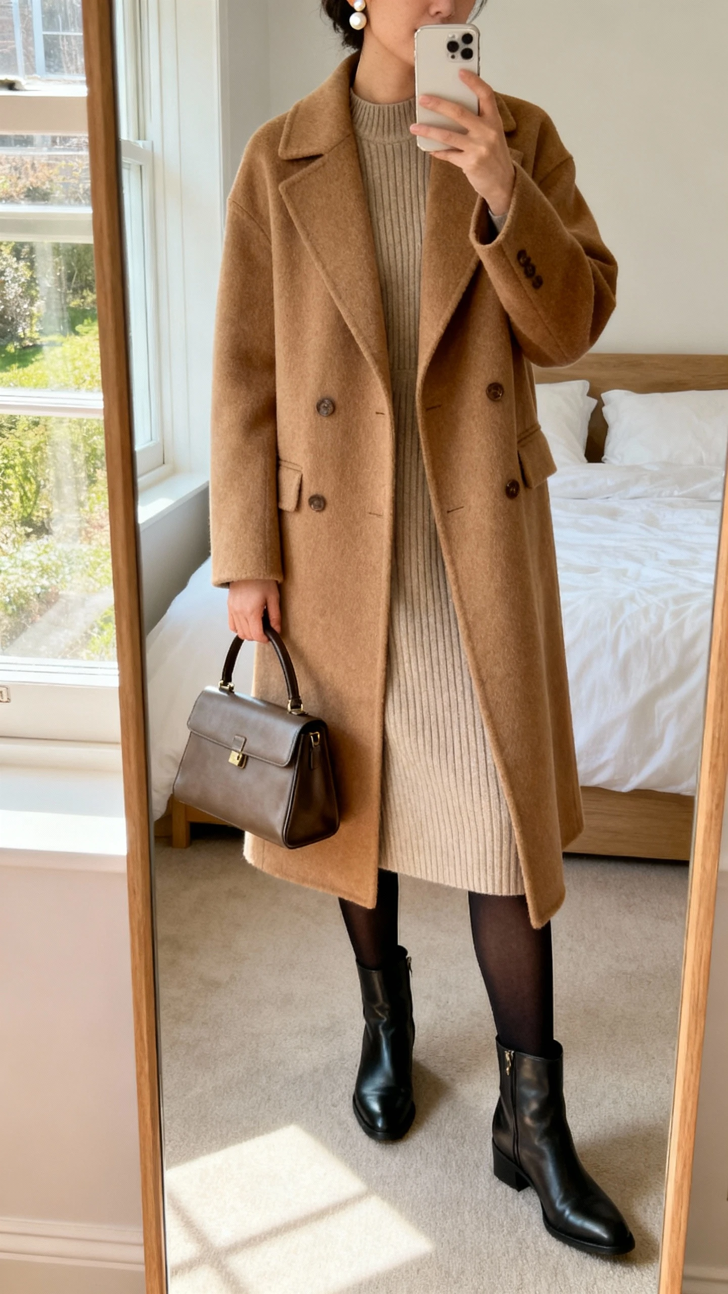 iPhone mirror selfie of a woman wearing a heritage camel wool coat over a ribbed knit midi dress, with opaque black tights, classic leather ankle boots, a structured top-handle bag, and simple pearl studs, face not visible, cropped at neck, bedroom mirror with morning window light, iPhone photo quality.