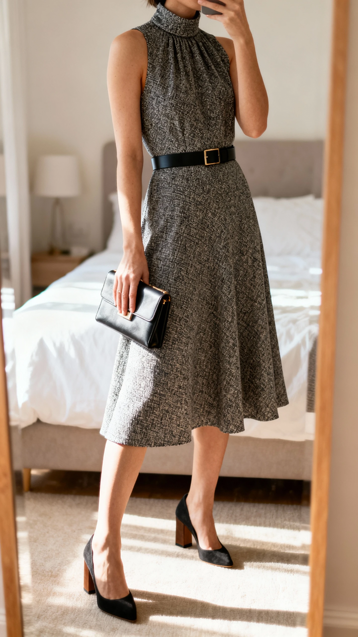 iPhone mirror selfie of a woman wearing a high-neck A-line dress with a sleek waist belt, block heels, and a structured clutch, face not visible, cropped at shoulders, bedroom mirror, soft morning light, iPhone photo quality.