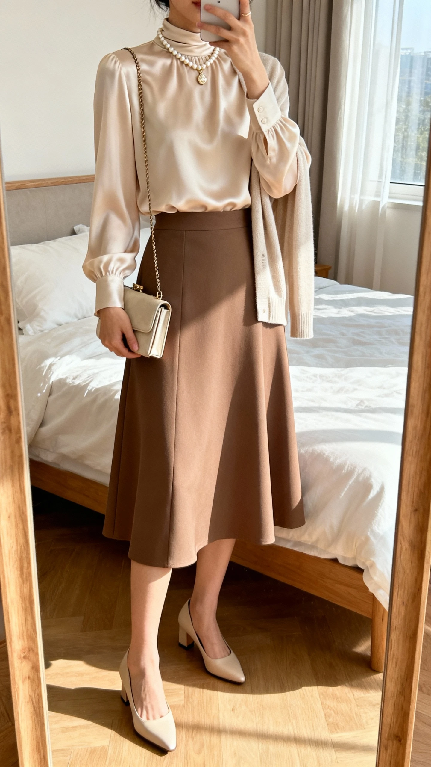 iPhone mirror selfie of a woman wearing a high-neck long-sleeve blouse (silk/chiffon/soft cotton), a knee-length or midi A-line skirt in a solid or subtle print, classic kitten heels or refined block heels, a small crossbody or clutch, and a pearl necklace or dainty locket with an optional lightweight cardigan; face not visible, cropped at neck, bedroom mirror, afternoon window light, iPhone photo quality.