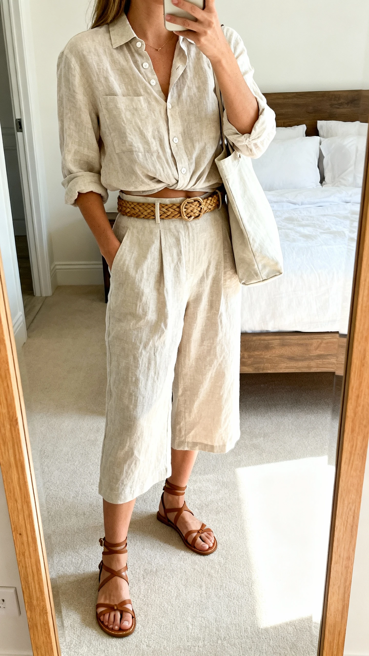 iPhone mirror selfie of a woman wearing a linen button-down half-tucked into culottes, ankle-strap sandals, woven belt, and a lightweight tote, face not visible, cropped at neck, bedroom mirror, bright natural daylight, iPhone photo quality.
