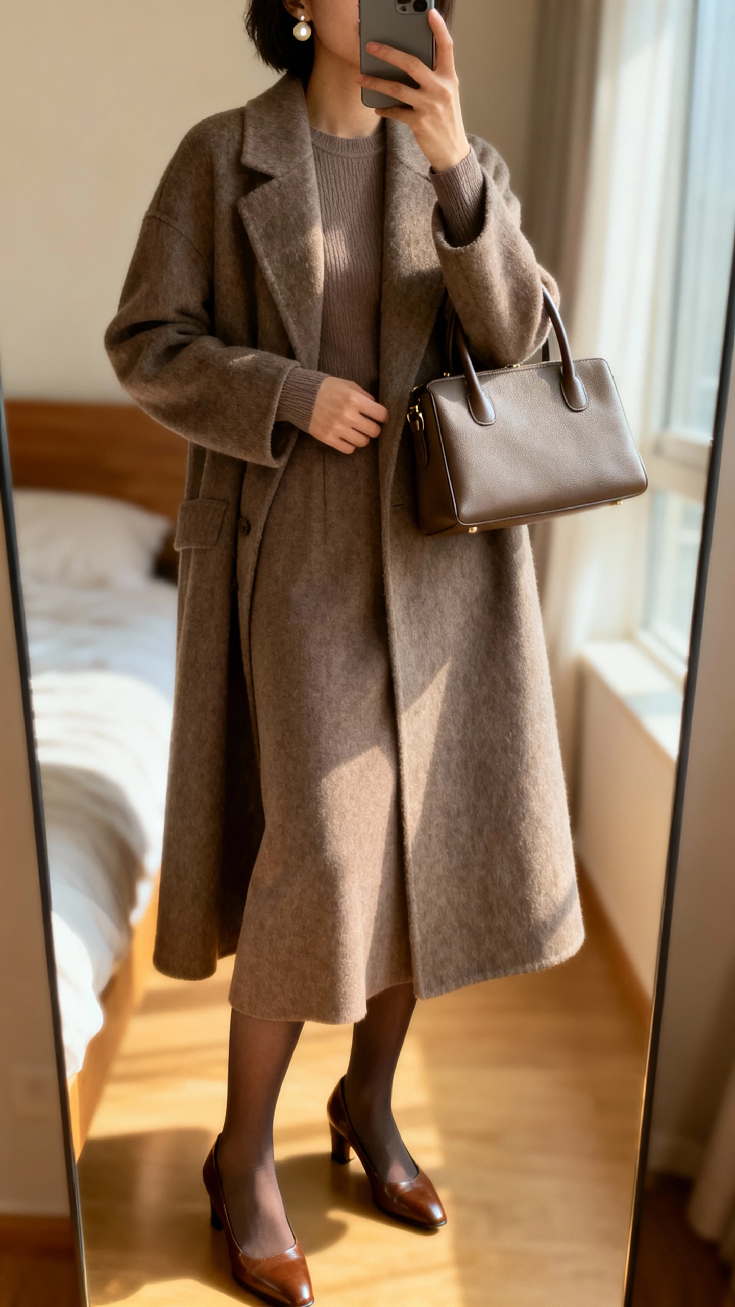 iPhone mirror selfie of a woman wearing a long wool coat over a modest long-sleeve midi dress, opaque tights, classic leather pumps, a structured top-handle bag, and simple pearl stud earrings, face not visible, cropped at neck, bedroom full-length mirror, morning window light, iPhone photo quality.