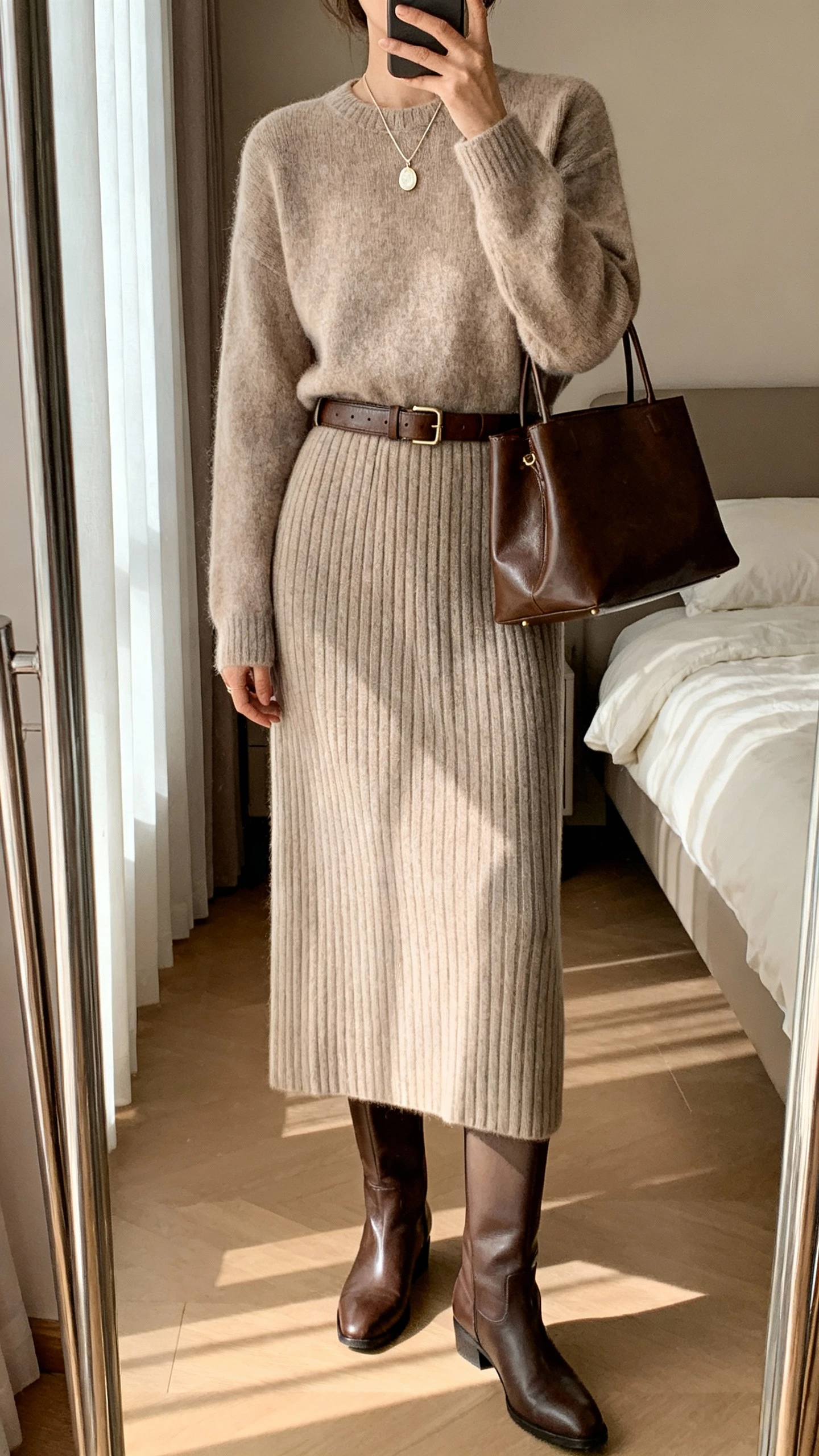 iPhone mirror selfie of a woman wearing a luxe matching knit set: ribbed long knit skirt and coordinating knit sweater, belted at the waist with a leather belt, opaque tights, knee-high leather boots, delicate pendant necklace, structured leather tote, face not visible, cropped at neck, bedroom mirror, soft morning window light, iPhone photo quality.
