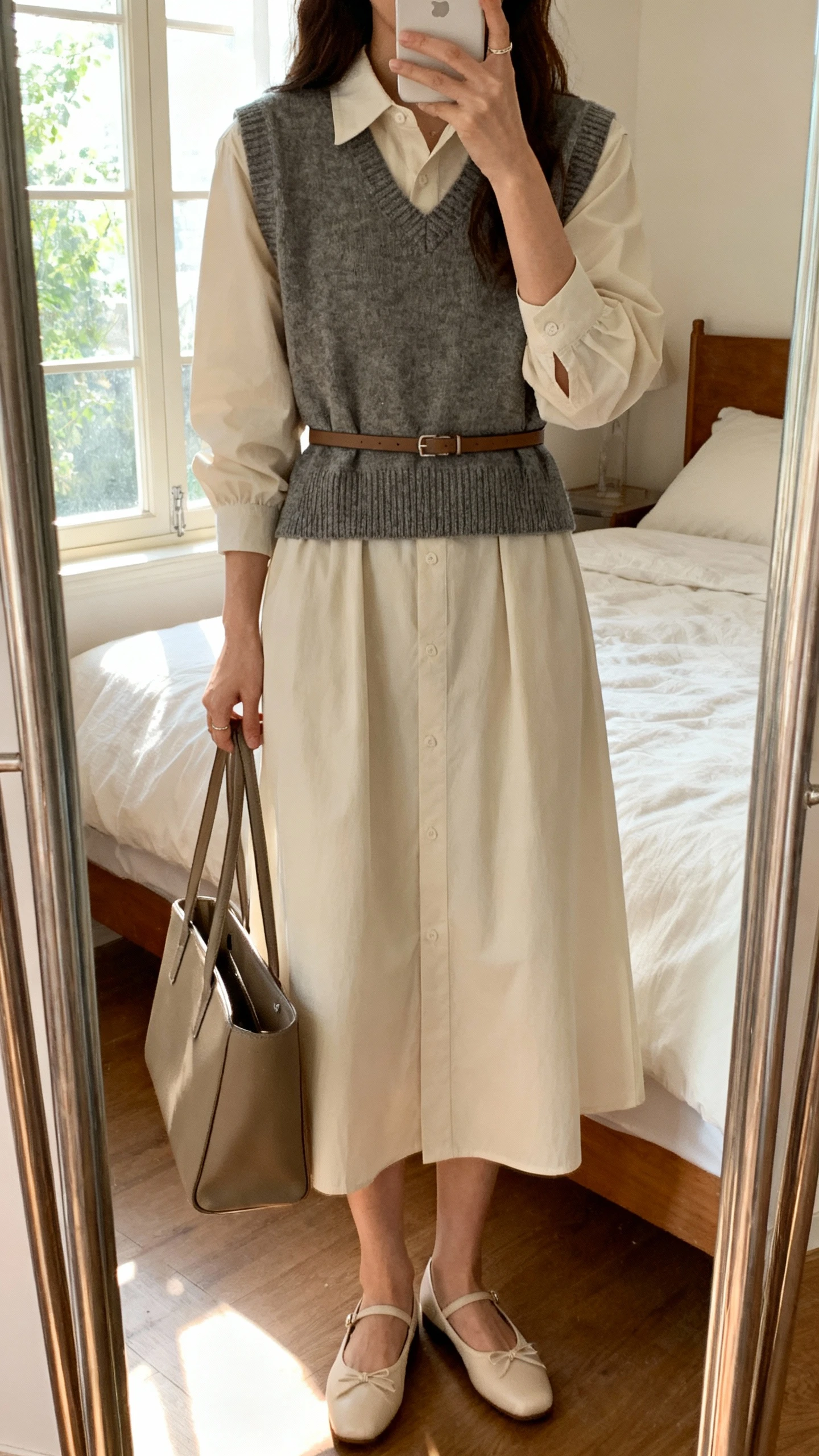 iPhone mirror selfie of a woman wearing a midi cotton-poplin shirt dress layered with a sleeveless knit vest, a slim waist belt over the vest, classic ballet flats, and a structured tote; face not visible, cropped at shoulders, bedroom mirror, gentle afternoon window light, iPhone photo quality.