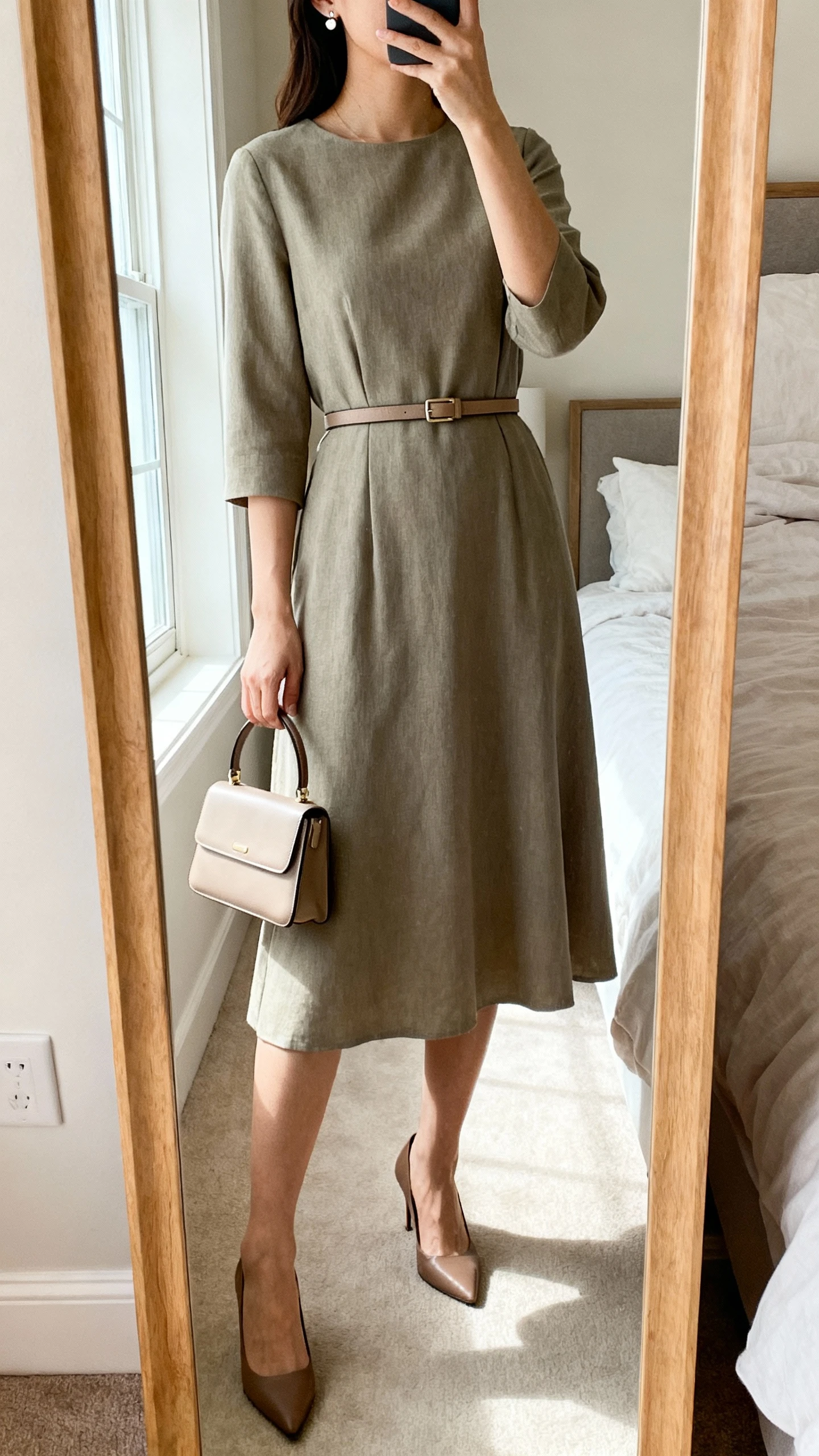 iPhone mirror selfie of a woman wearing a modest midi dress cinched with a slim belt, classic pumps, small top-handle bag, and delicate stud earrings; face not visible, cropped at neck, bedroom mirror with natural window light, iPhone photo quality.