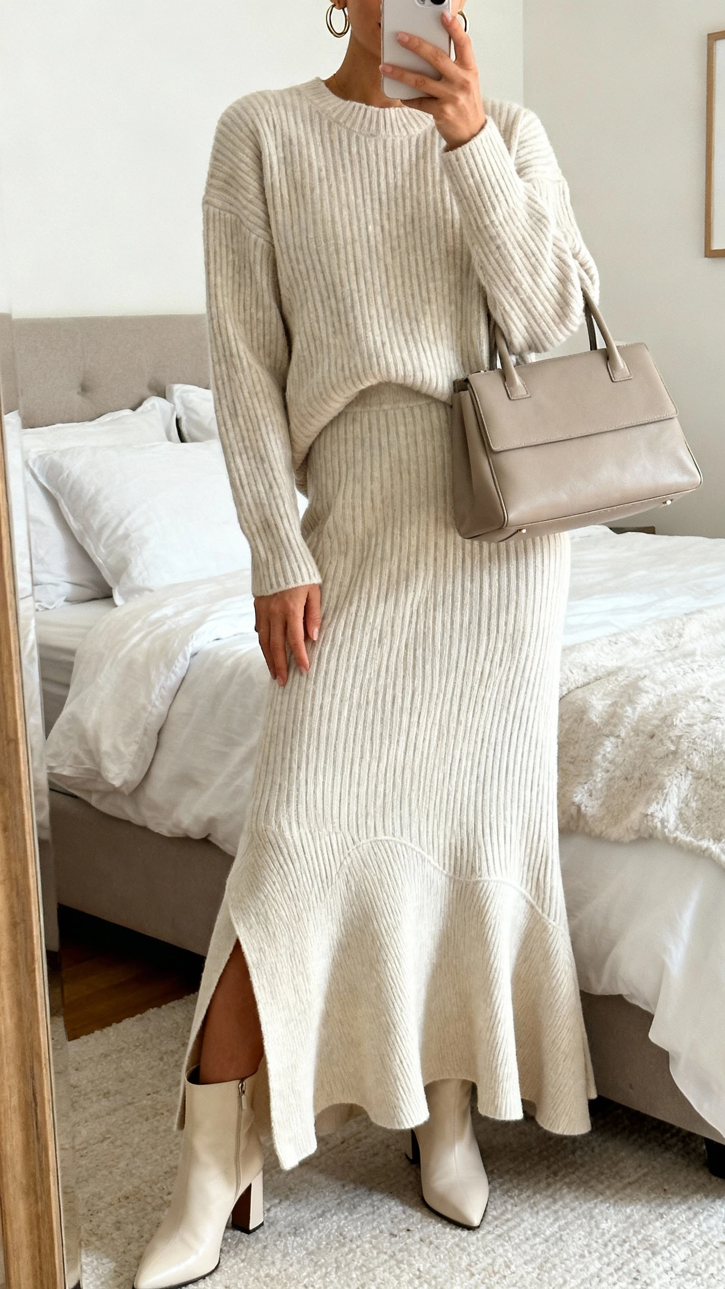 iPhone mirror selfie of a woman wearing a monochrome knit set: ribbed knit sweater and matching maxi skirt with a dramatic sweep, tonal heeled ankle boots, minimal hoop earrings, and a structured tote; face not visible, cropped at shoulders, bedroom mirror, soft natural light, iPhone photo quality.