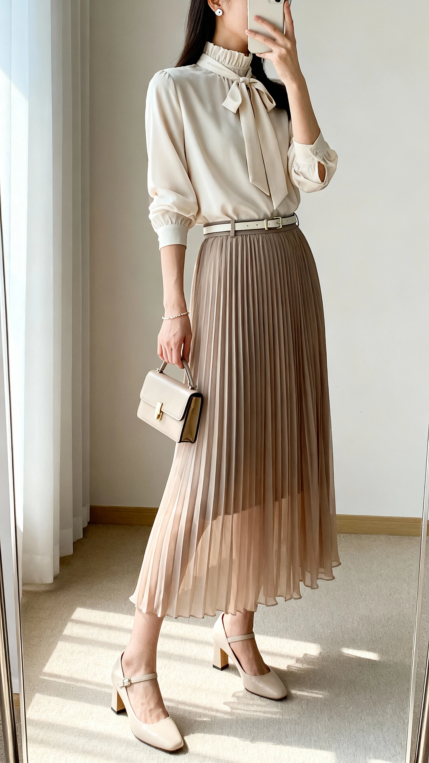 iPhone mirror selfie of a woman wearing a pleated chiffon midi skirt, a high-neck blouse with a tie-neck detail, a slim belt, heeled Mary Janes, a small structured clutch, stud earrings, and a delicate bracelet, face not visible, side angle in full-length mirror, soft indoor lighting, iPhone photo quality.