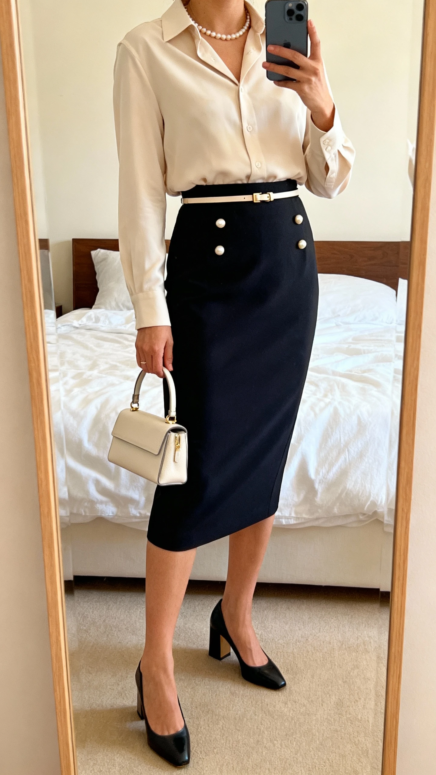 iPhone mirror selfie of a woman wearing a polished blouse tucked into a midi pencil skirt, thin waist belt, pearl studs, and block-heel pumps, carrying a small top-handle bag, face not visible, cropped at neck, bedroom mirror, warm indoor lighting, iPhone photo quality.