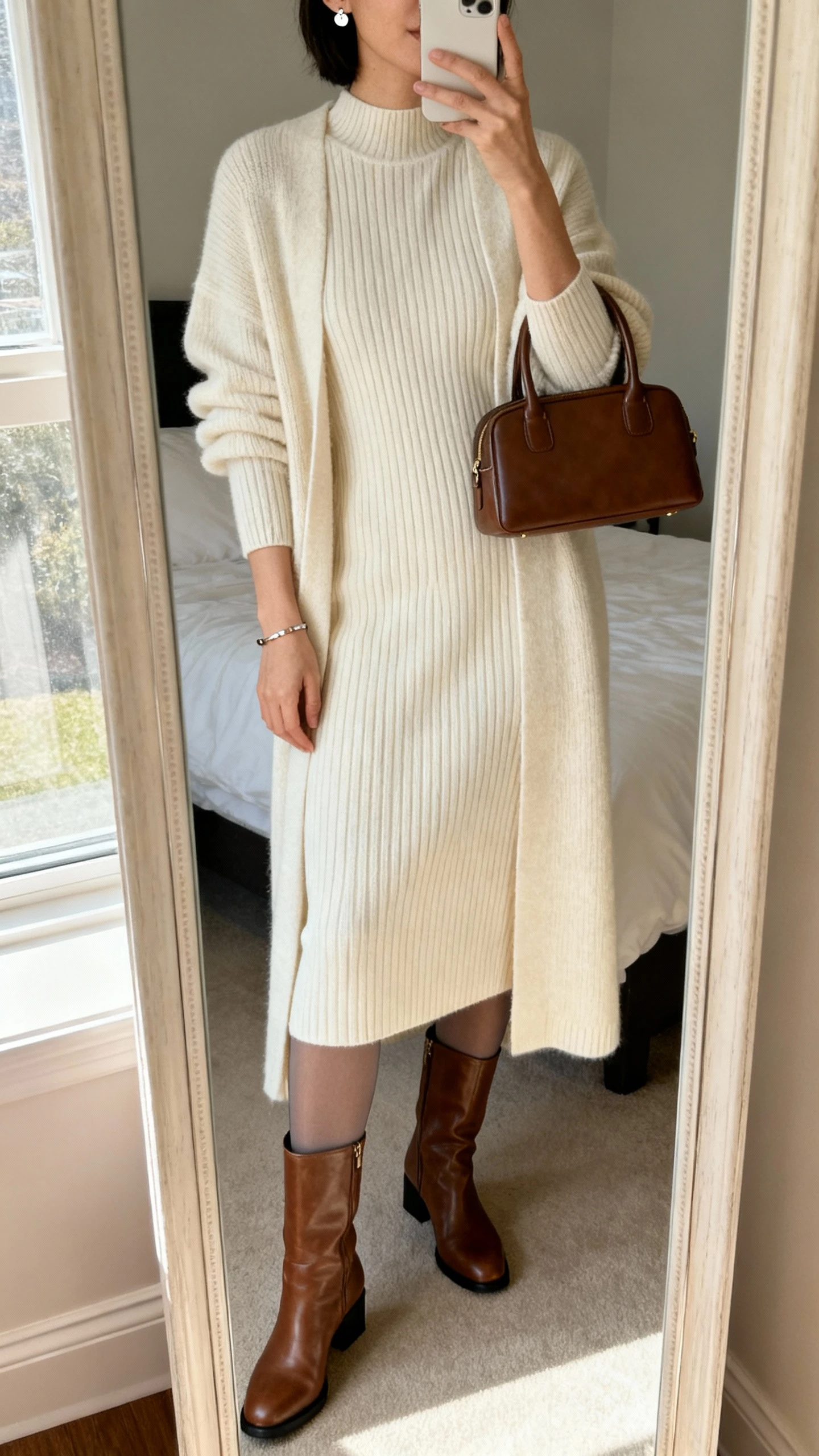 iPhone mirror selfie of a woman wearing a ribbed cream midi knit dress with a matching longline cardigan, leather knee-high boots with a low block heel, opaque tights, a structured top-handle bag, simple stud earrings, and a delicate bracelet; face not visible, cropped at neck, bedroom mirror, soft morning window light, iPhone photo quality.