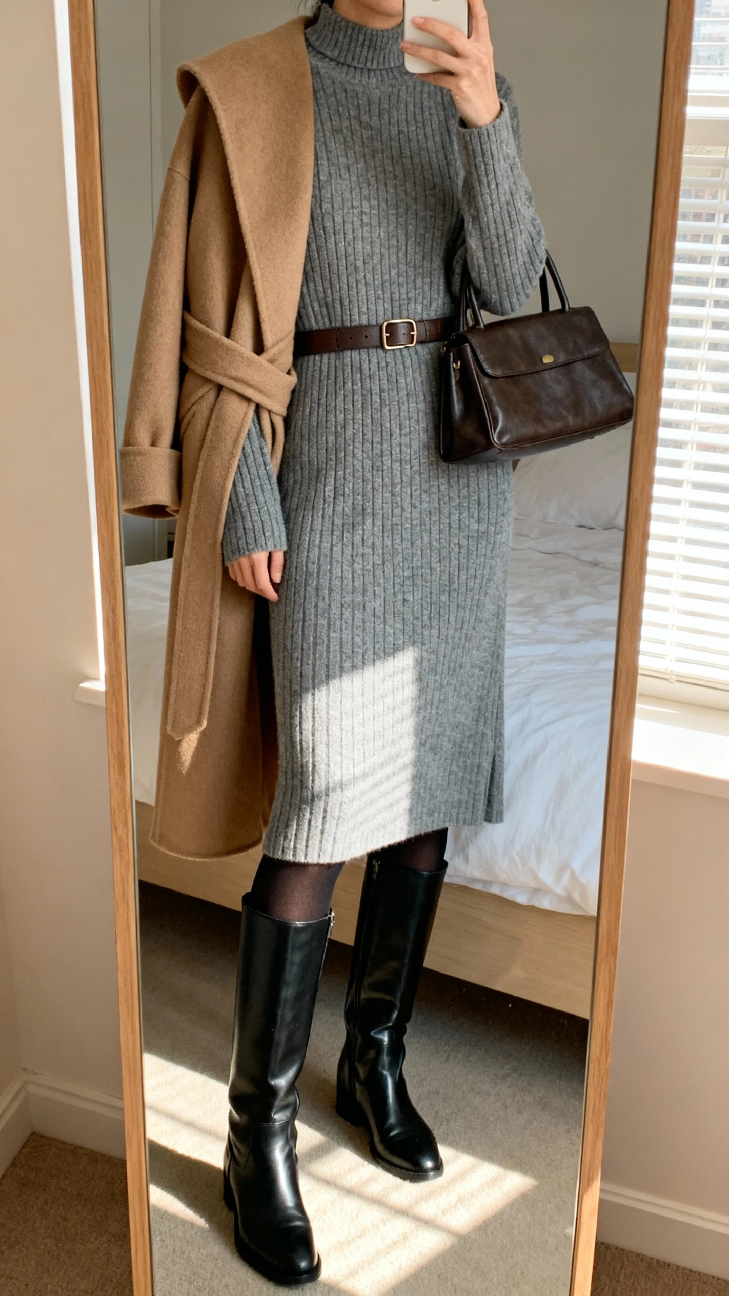 iPhone mirror selfie of a woman wearing a ribbed heather gray midi sweater dress with a simple leather belt, camel wrap wool coat, black opaque tights, and knee-high black leather boots, face not visible, cropped at neck, bedroom mirror with morning window light, iPhone photo quality; carrying a structured leather bag.