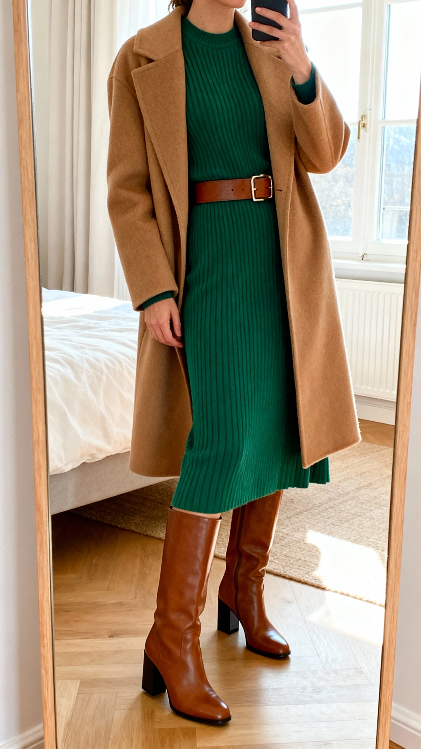 iPhone mirror selfie of a woman wearing a ribbed knit midi dress in emerald with a structured camel wool coat, knee-high leather boots with a mid block heel, and a medium-width leather belt at the waist, face not visible, cropped at neck, bedroom full-length mirror, soft morning window light, iPhone photo quality.