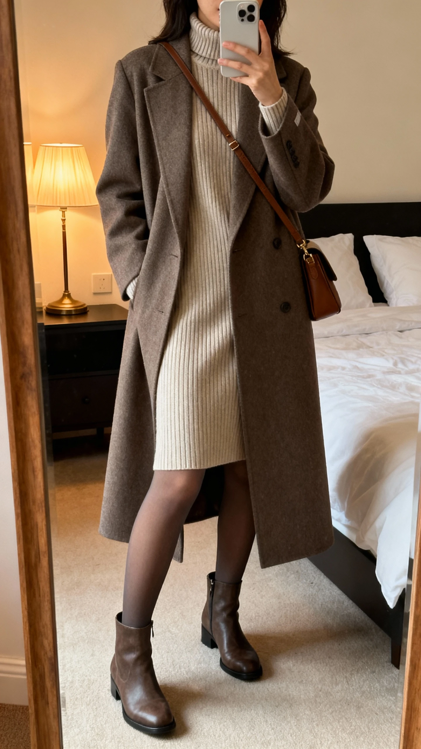 iPhone mirror selfie of a woman wearing a ribbed knit high-neck dress under a long tailored coat, opaque tights, ankle boots, crossbody bag, face not visible, bedroom mirror, warm indoor lamp light, iPhone photo quality.