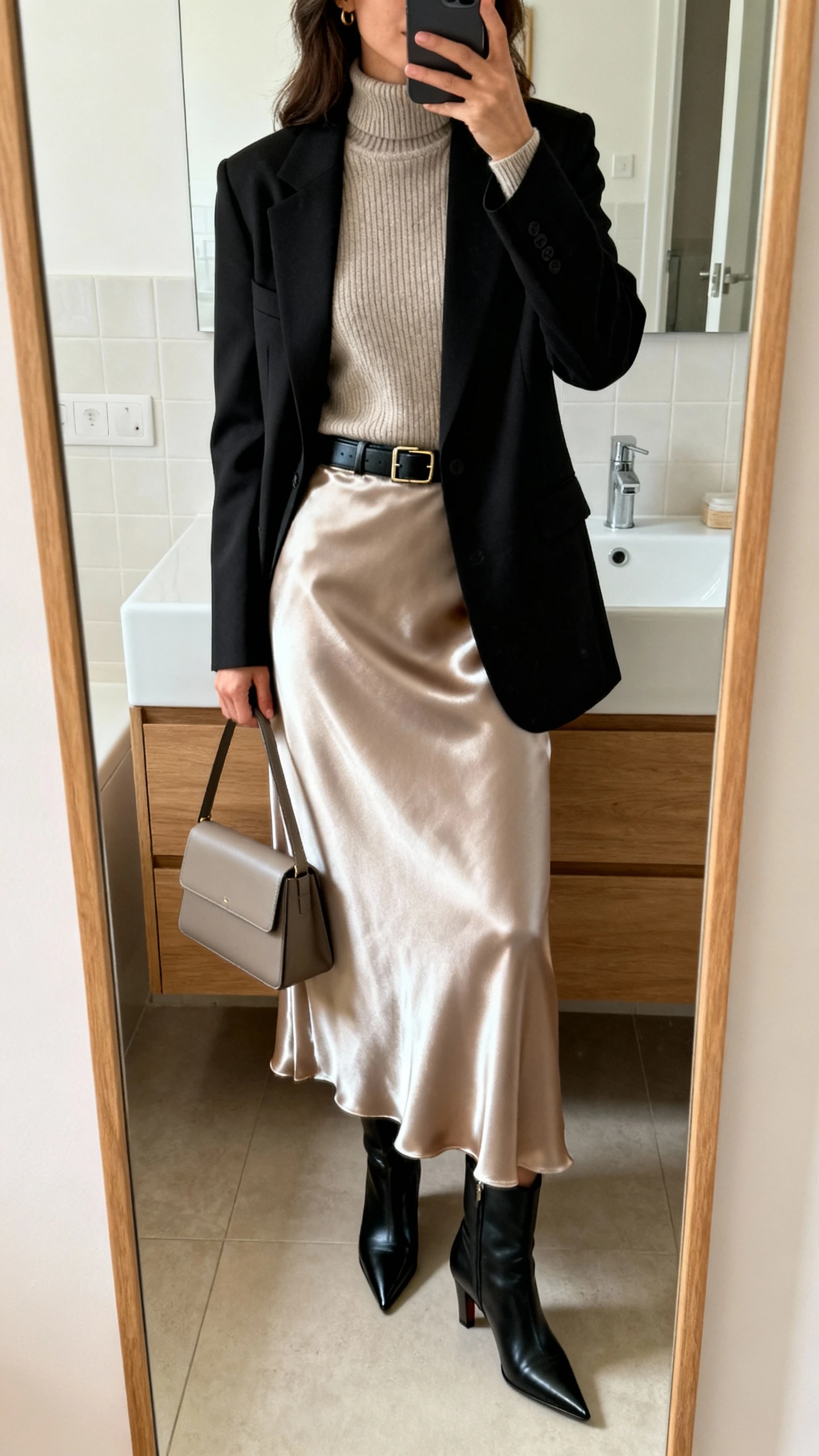 iPhone mirror selfie of a woman wearing a satin maxi skirt, tailored blazer over a fine-knit turtleneck, sleek belt, pointed-toe heeled boots, and a minimalist structured handbag, face not visible, bathroom full-length mirror, soft indoor lighting, iPhone photo quality