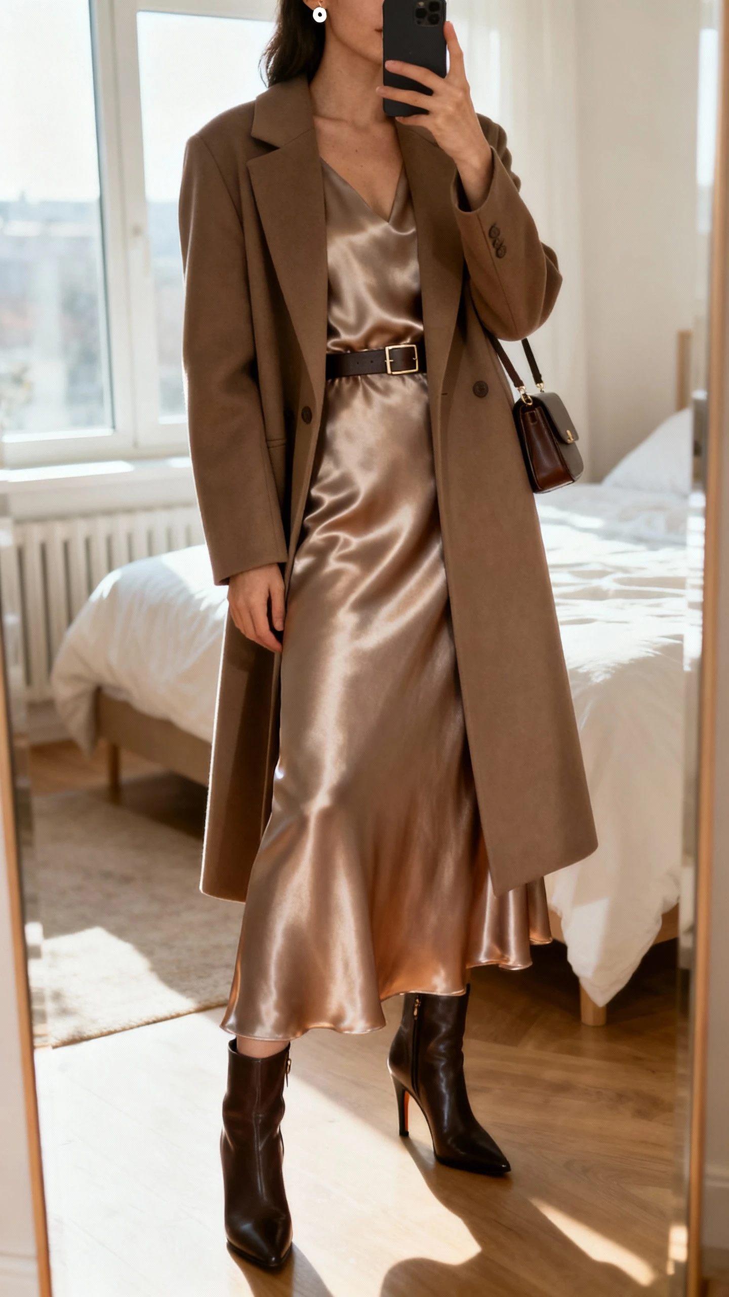 iPhone mirror selfie of a woman wearing a satin maxi dress with a tailored longline coat, sleek heeled boots, minimal belt at the waist, small shoulder bag, and simple stud earrings, face not visible, cropped at neck, bedroom mirror, bright window light, iPhone photo quality.