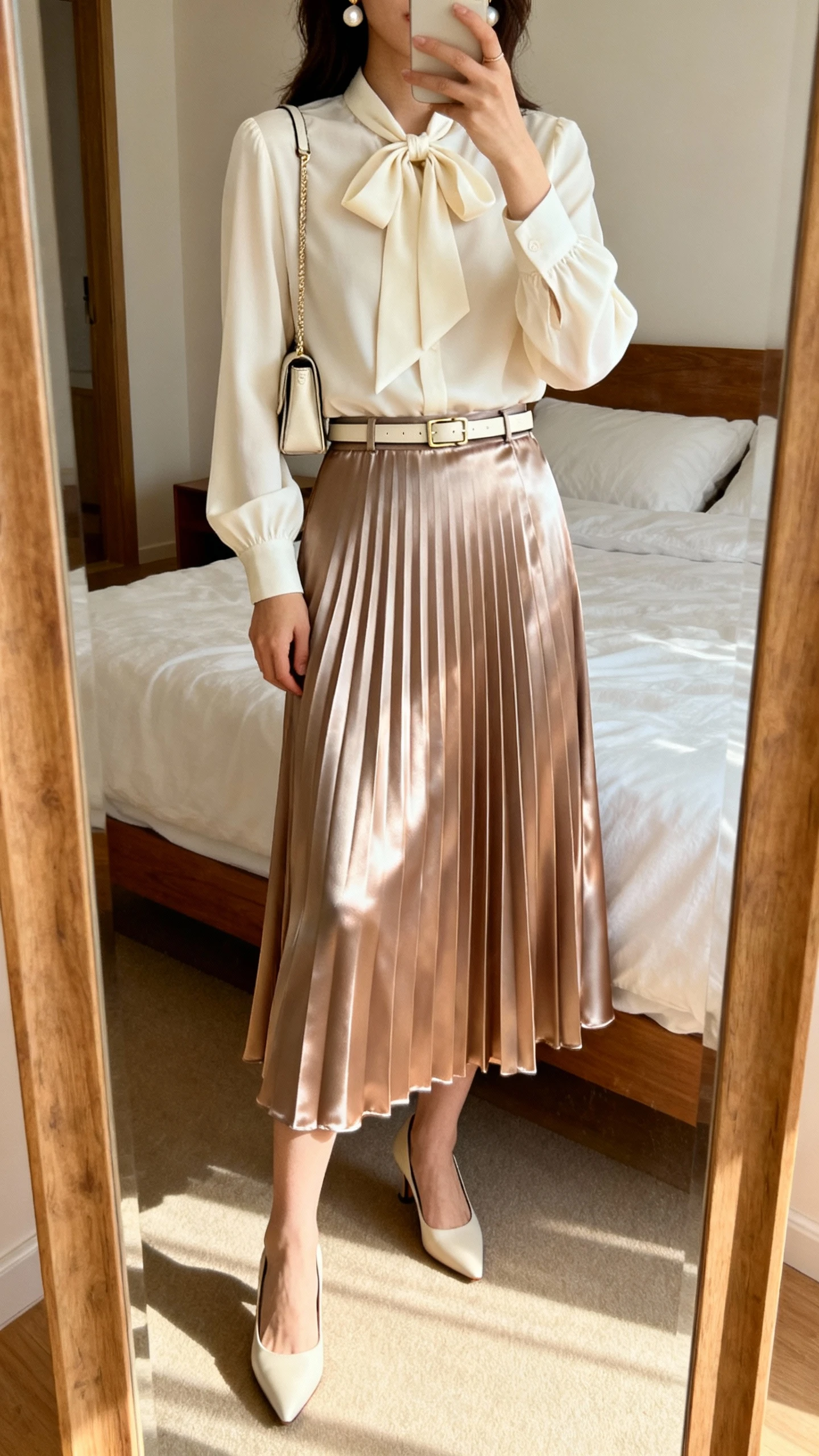 iPhone mirror selfie of a woman wearing a satin midi pleated skirt, cream bow-tie blouse with long sleeves, classic pumps, slim belt, small shoulder bag, and pearl earrings, face not visible, cropped at shoulders, bedroom mirror, gentle morning light, iPhone photo quality.