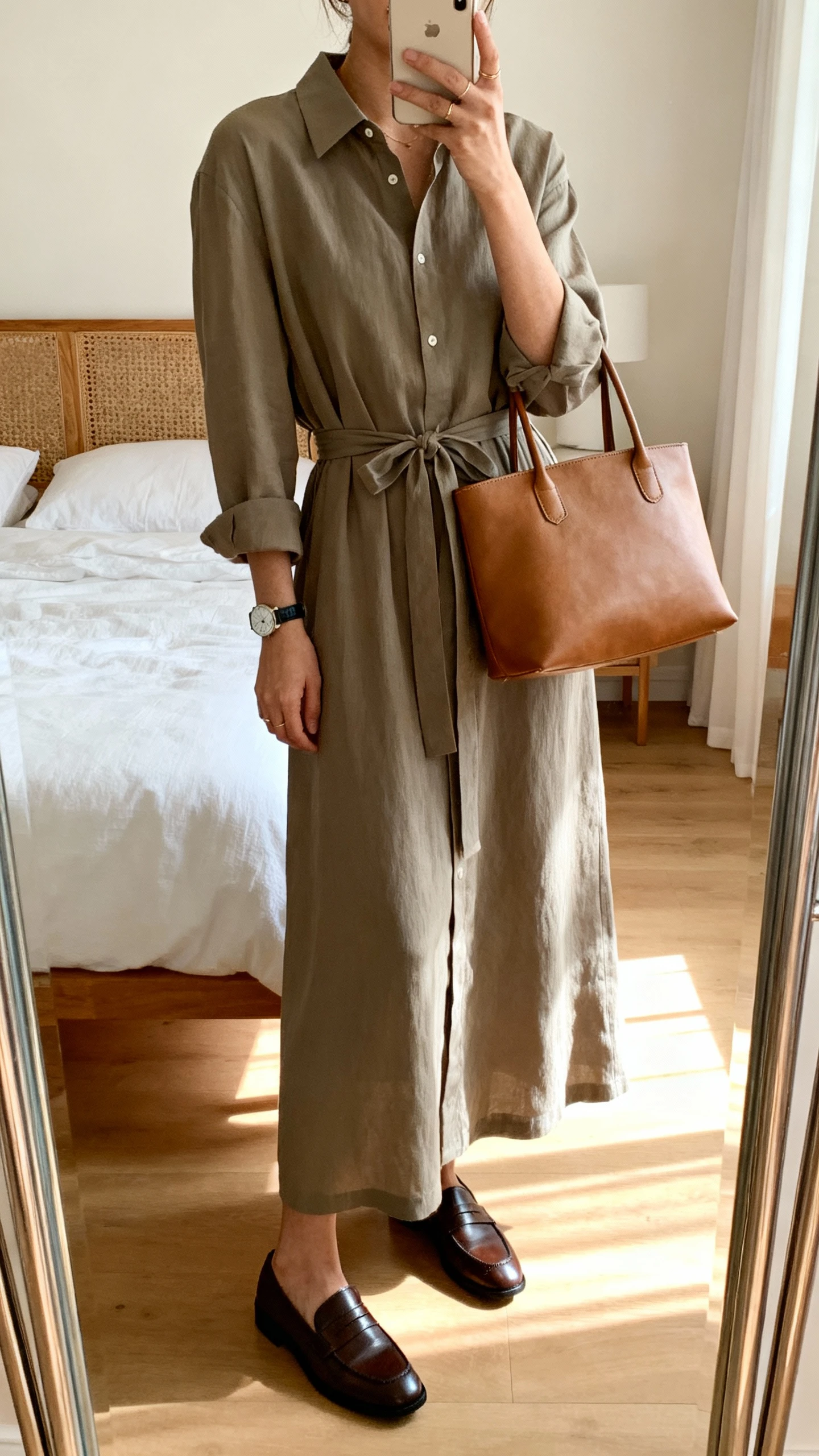 iPhone mirror selfie of a woman wearing a shirt-dress style maxi with a waist tie and classic loafers, simple leather tote and watch, face not visible, cropped at shoulders, bedroom full-length mirror, natural morning light, iPhone photo quality