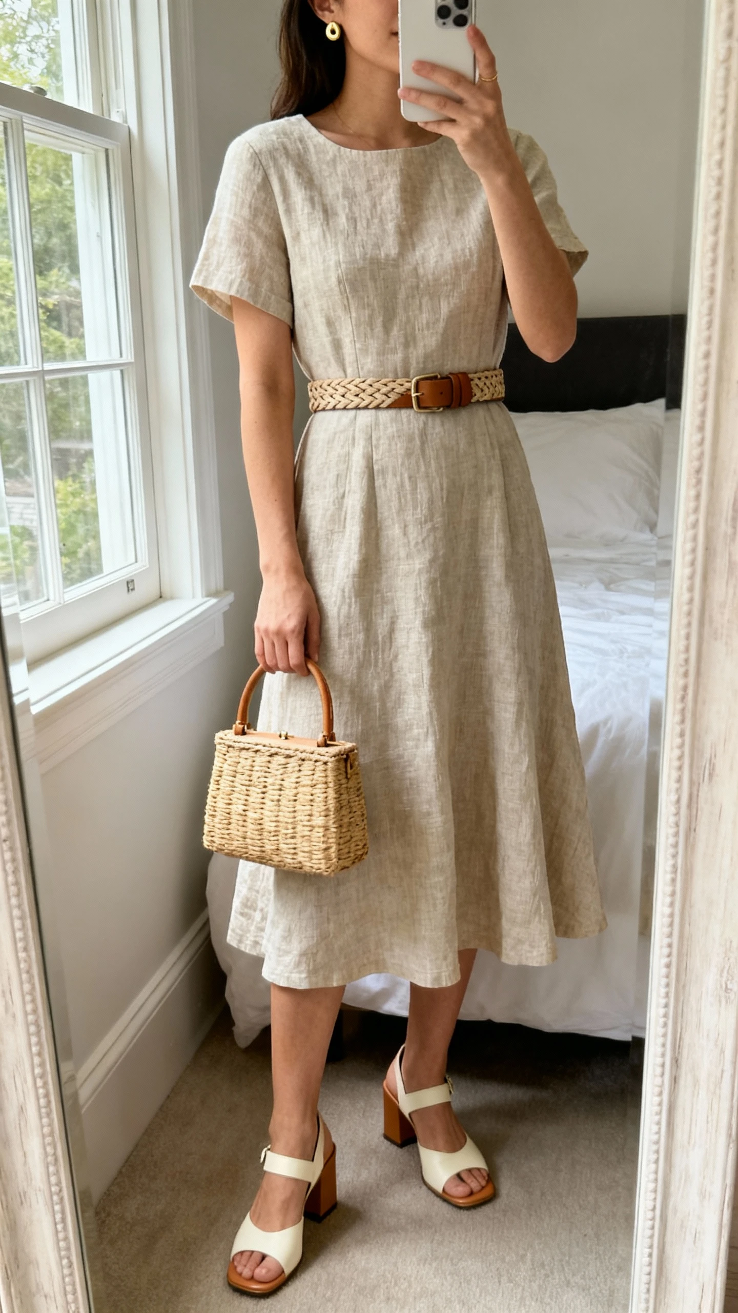 iPhone mirror selfie of a woman wearing a short-sleeve linen midi dress (crew or square neckline, A-line/fit-and-flare) with a lightweight woven or leather belt, block-heel sandals or closed-toe flats in cream or tan, a structured straw tote or small top-handle bag, and delicate gold stud earrings; face not visible, cropped at neck, bedroom mirror, natural window light, iPhone photo quality.