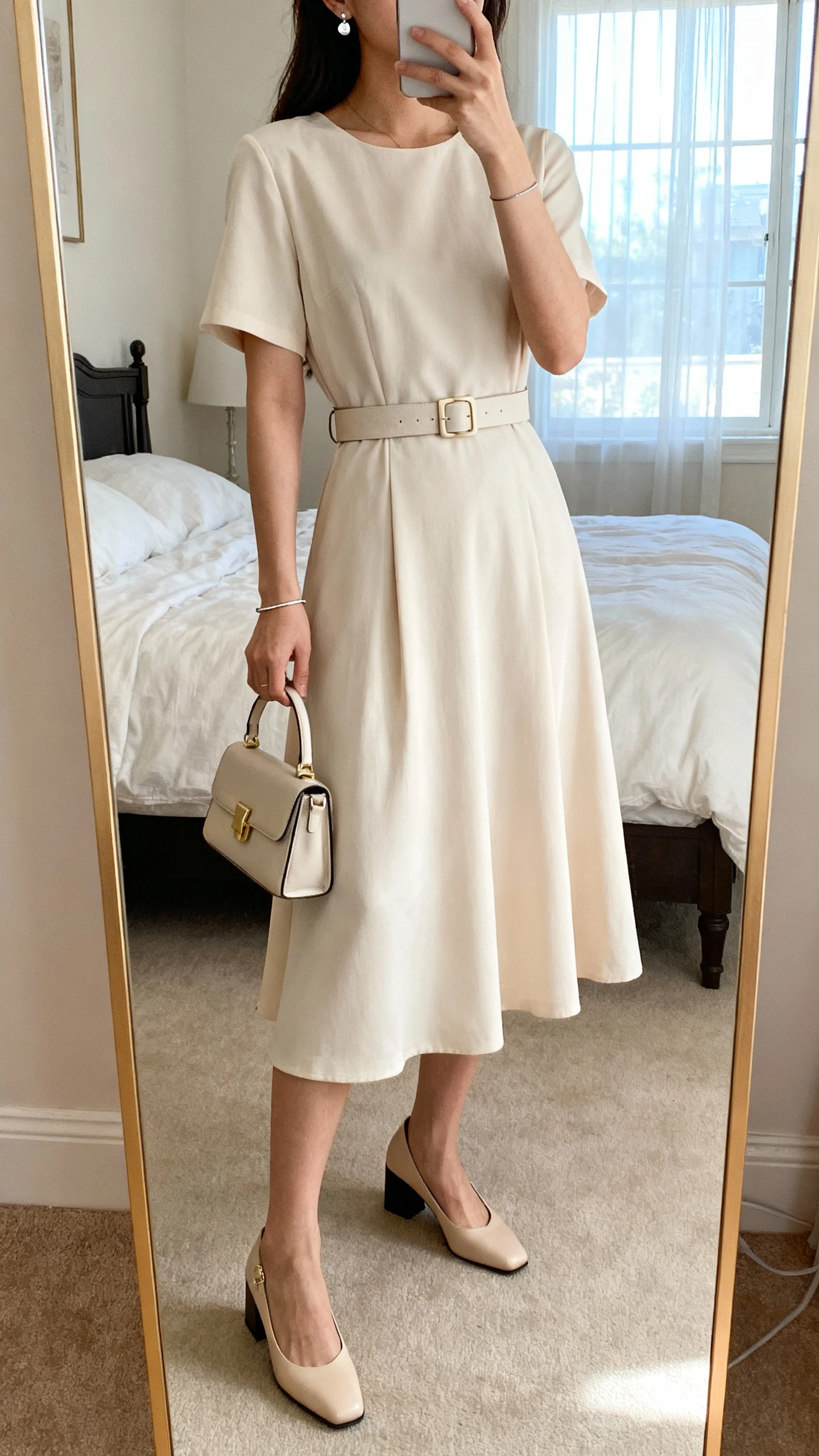 iPhone mirror selfie of a woman wearing a soft A-line midi dress with a matching belt, low block-heel slingbacks, a small top-handle bag, delicate stud earrings, and a thin bracelet, face not visible, cropped at neck, bedroom mirror with natural window light, iPhone photo quality.
