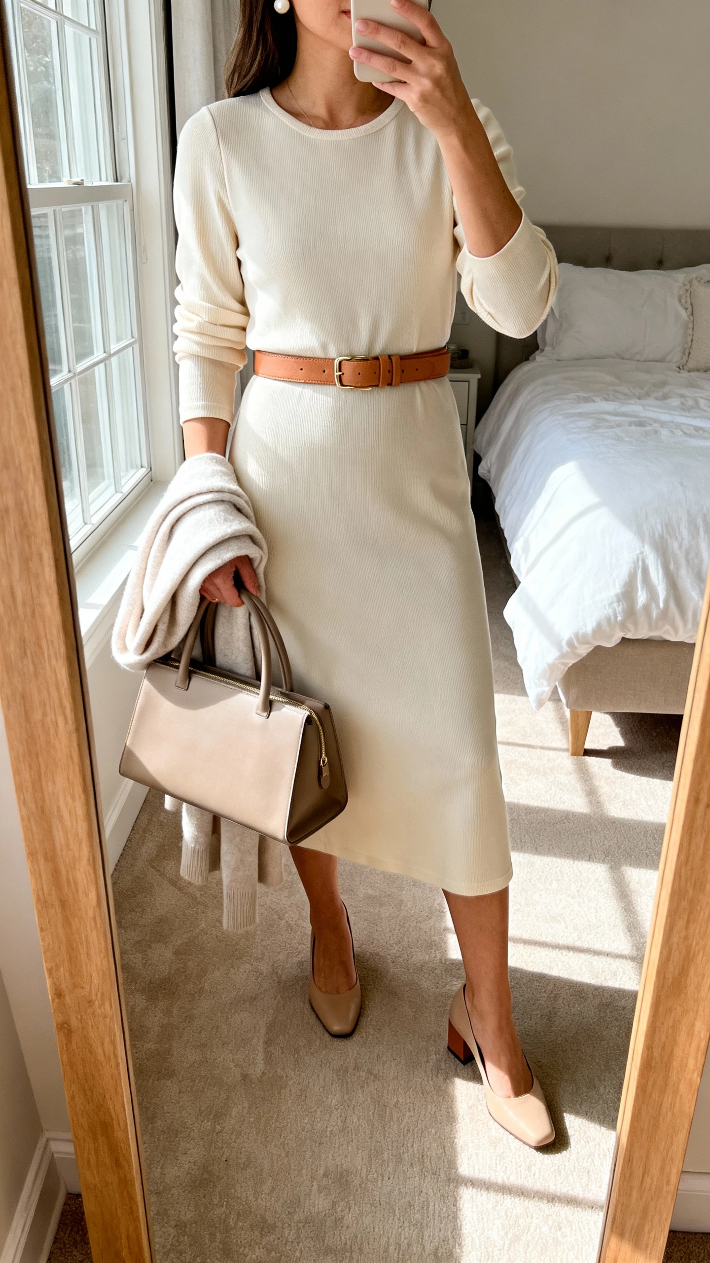 iPhone mirror selfie of a woman wearing a soft jersey midi dress with elbow sleeves, a slim tan leather belt, low block-heel pumps, a structured top-handle bag in a neutral tone, pearl studs, and a light cardigan draped over her arm, face not visible, cropped at neck, bedroom mirror with morning window light, iPhone photo quality.