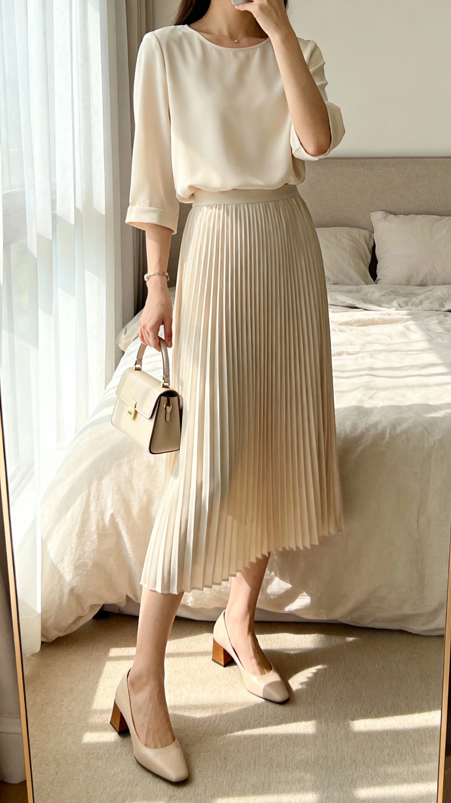 iPhone mirror selfie of a woman wearing a soft pleated midi skirt set (matching top and pleated midi skirt) with low block-heel pumps and a small structured handbag, face not visible, cropped at neck, bedroom mirror, natural morning window light, iPhone photo quality.