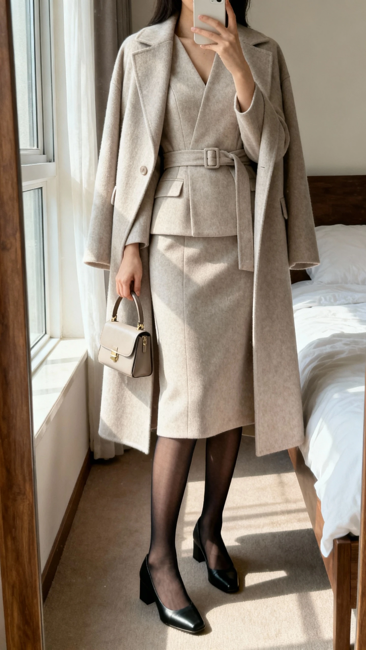 iPhone mirror selfie of a woman wearing a soft-tailored coat dress set with a matching belted coat over a structured midi coat-dress, modest neckline, sheer black tights, low block-heel pumps, small top-handle bag, face not visible, cropped at neck, bedroom mirror, morning window light, iPhone photo quality.