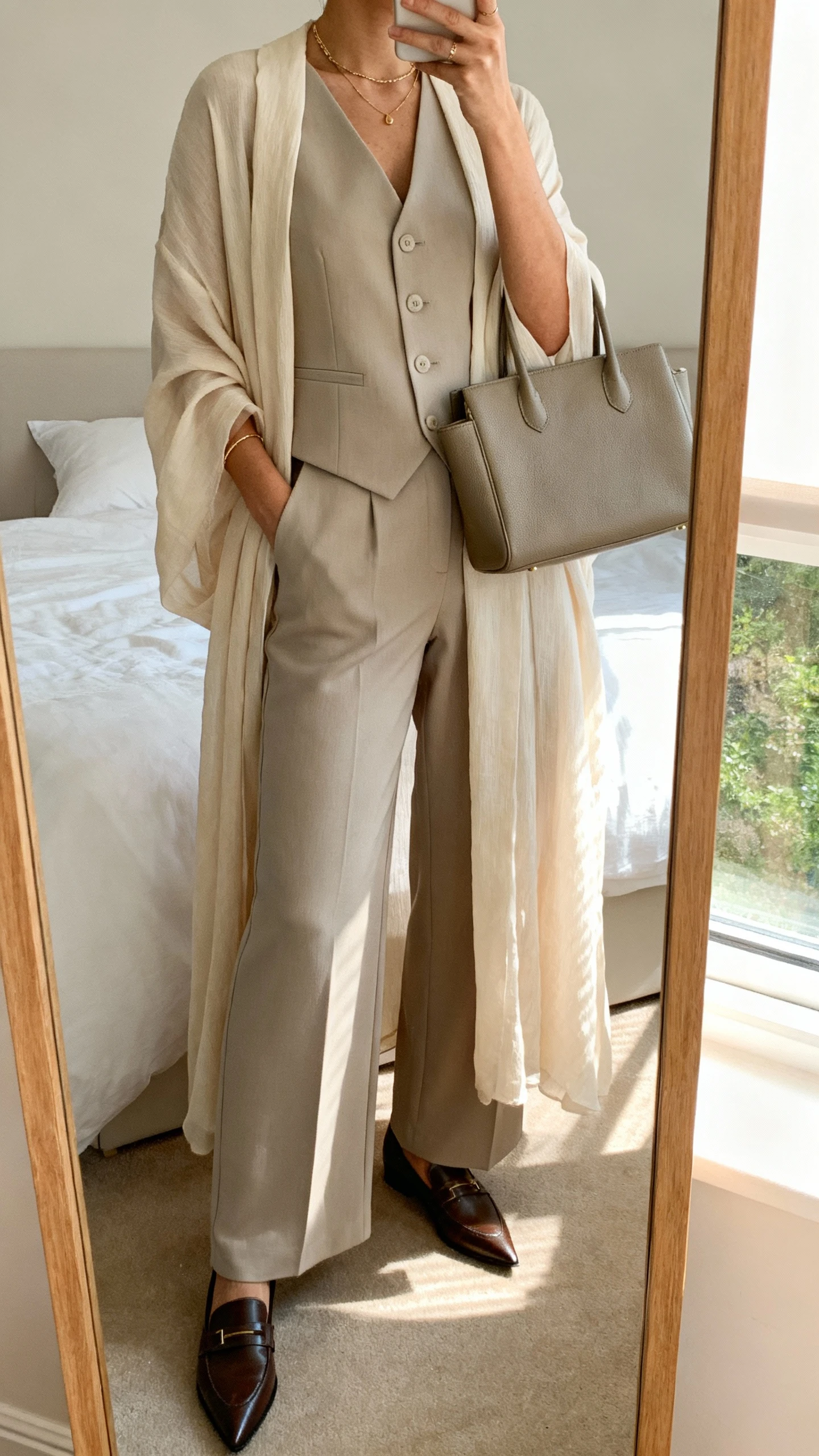 iPhone mirror selfie of a woman wearing a soft tailored matching set (wide-leg trousers and coordinating vest or blazer) with a flowing long duster, pointed-toe loafers, structured tote, and minimal jewelry, face not visible, cropped at neck, bedroom mirror, morning window light, iPhone photo quality.