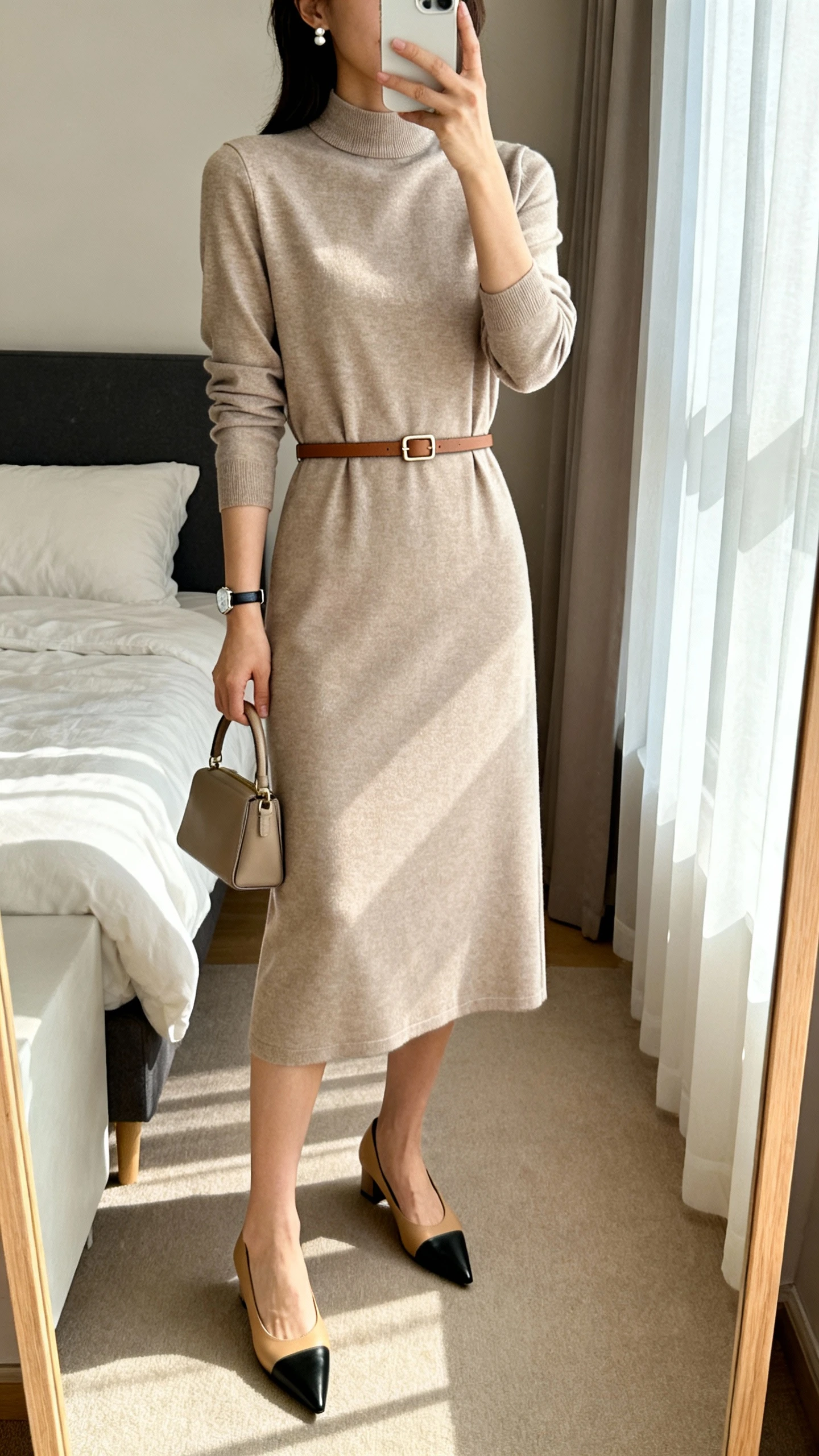 iPhone mirror selfie of a woman wearing a structured mock-neck long-sleeve midi dress with a thin leather belt and minimal buckle, pointed-toe pumps in black or tan, small top-handle bag, stud earrings, and a slim bracelet watch; face not visible, cropped at neck, bedroom mirror, natural window light, iPhone photo quality.