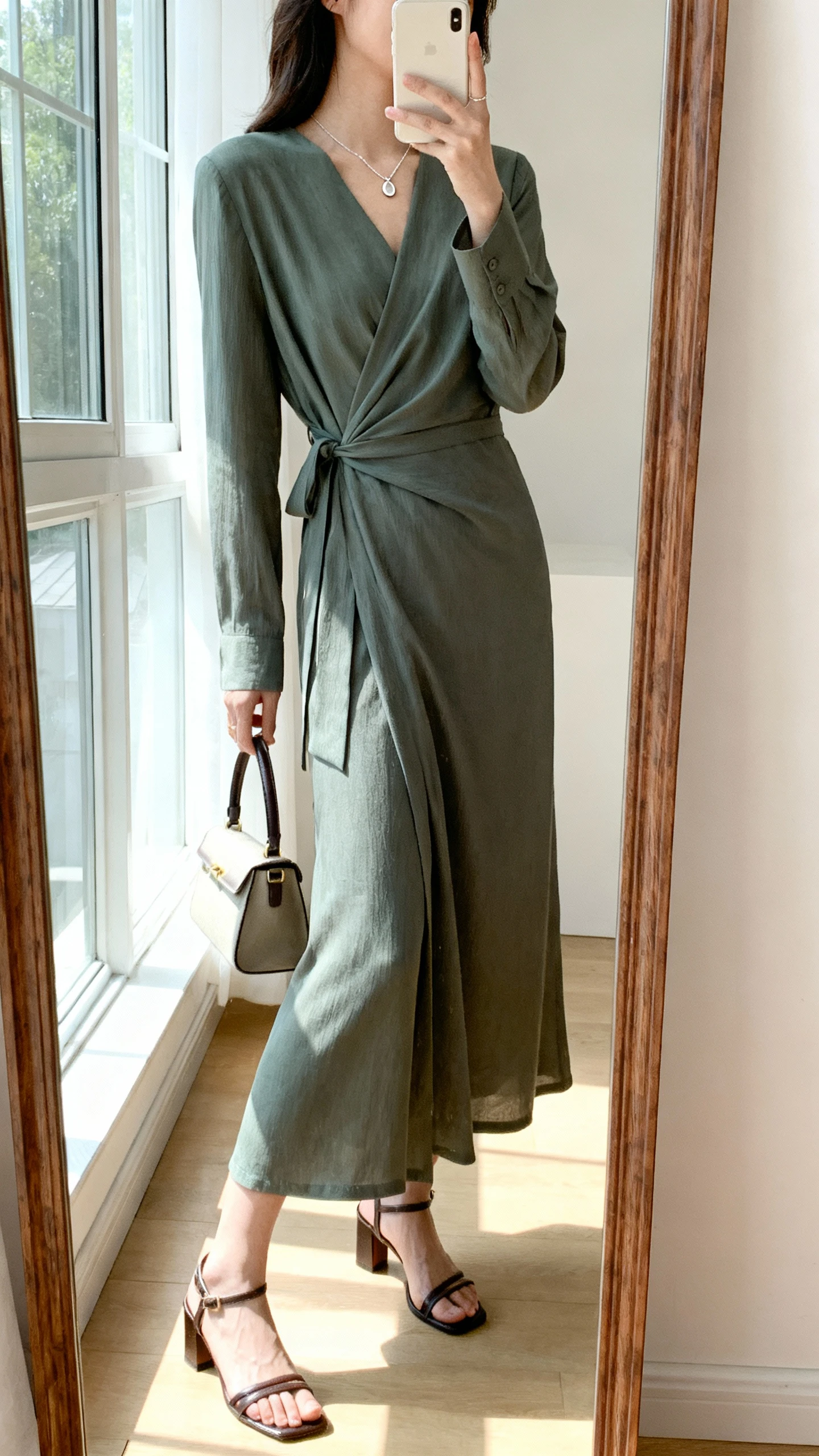 iPhone mirror selfie of a woman wearing a timeless long-sleeve wrap maxi dress with walkable mid-heel sandals, delicate pendant necklace, and a small top-handle bag, face not visible, side angle, full-length mirror, bright natural window light, iPhone photo quality.
