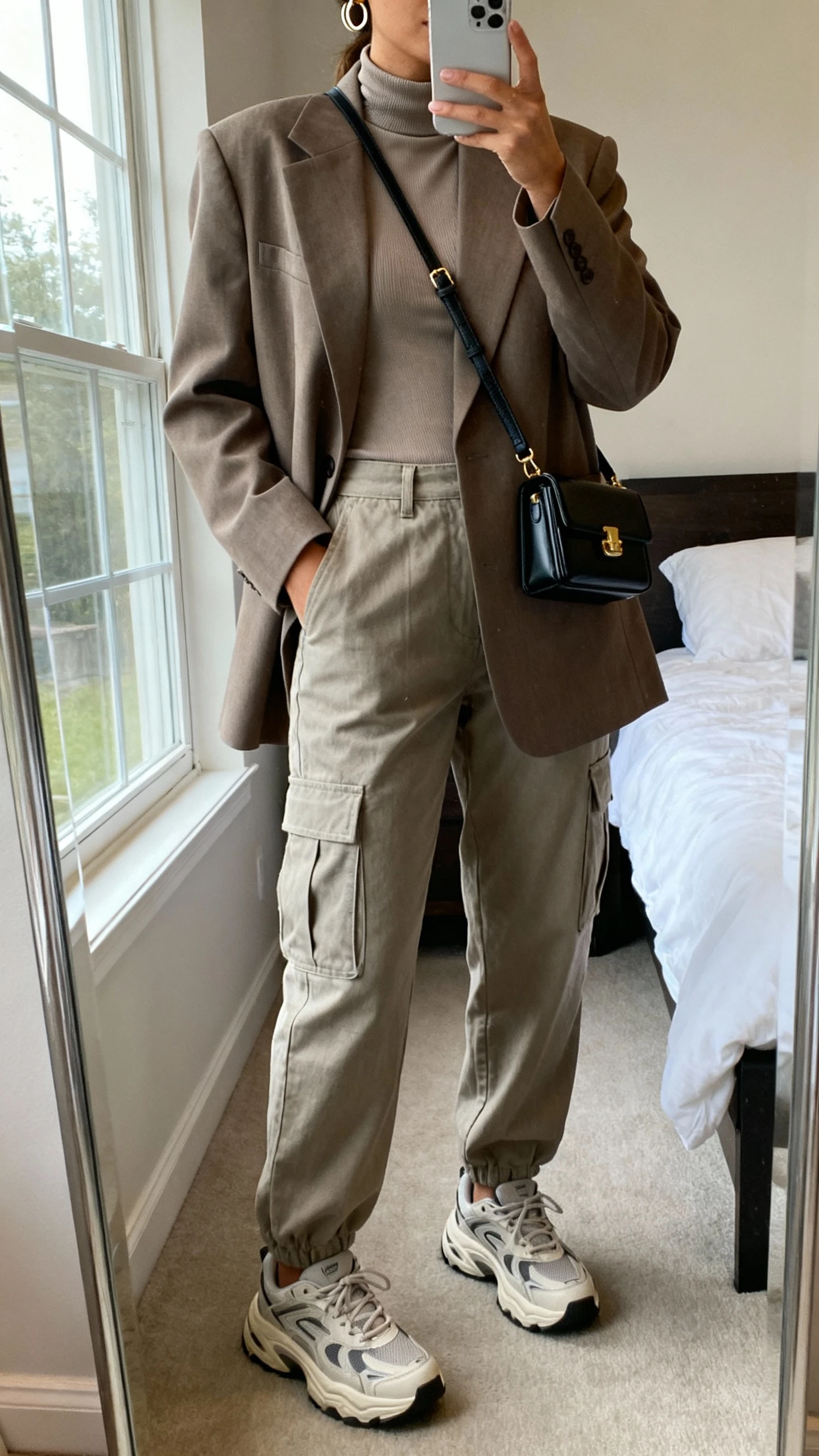 iPhone mirror selfie of a woman wearing an oversized blazer, relaxed cargo trousers, fitted mock-neck top, chunky dad sneakers, structured mini crossbody bag, and minimal hoop earrings, face not visible, cropped at neck, bedroom mirror with natural window light, iPhone photo quality.