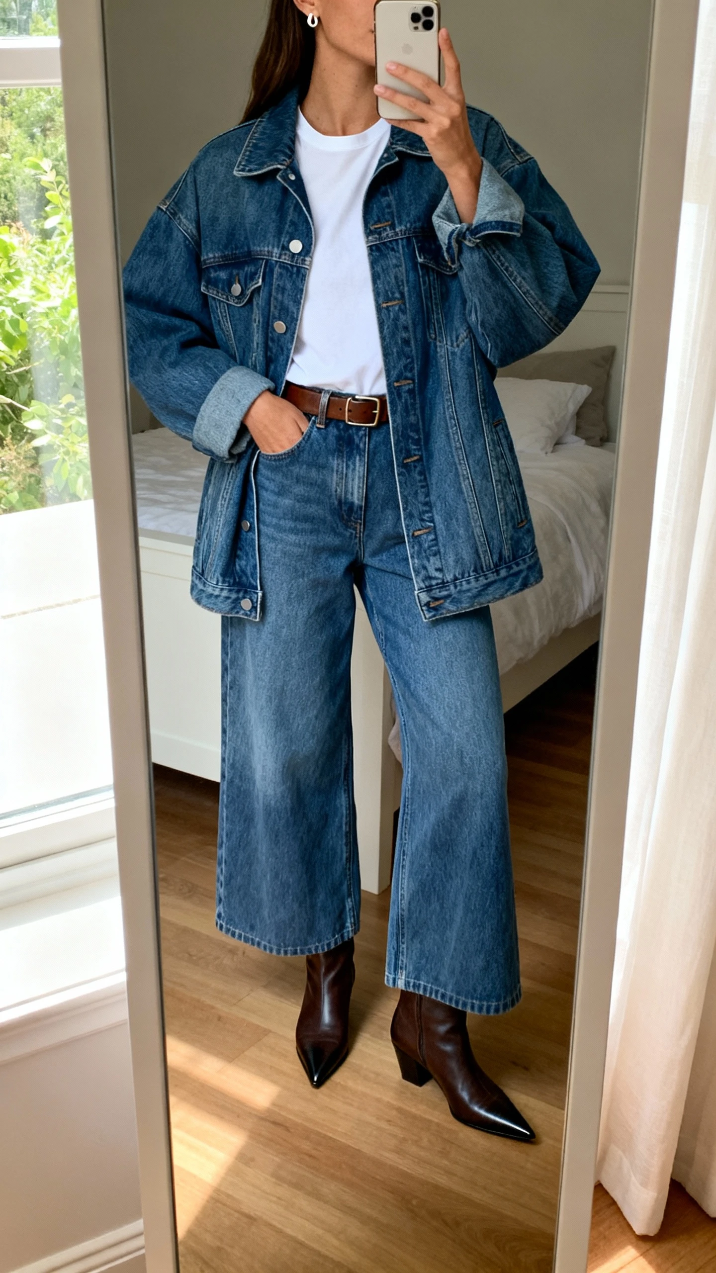 iPhone mirror selfie of a woman wearing an oversized denim jacket with matching relaxed wide-leg jeans, crisp white tee tucked in, pointed-toe ankle boots, slim leather belt, and simple stud earrings, face not visible, cropped at shoulders, bedroom mirror with natural daylight, iPhone photo quality.