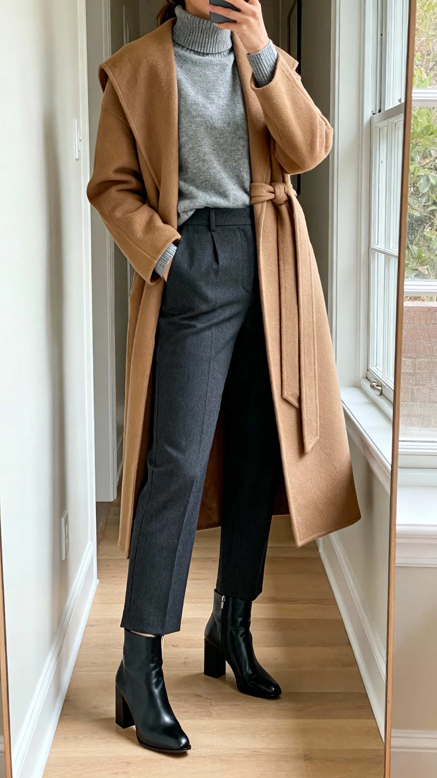 iPhone mirror selfie of a woman wearing high-waisted charcoal tailored trousers, a heather gray merino mock-neck sweater, black leather ankle boots with a mid block heel, and a camel long wool wrap coat; face not visible, cropped at neck, hallway mirror with natural window light, iPhone photo quality.