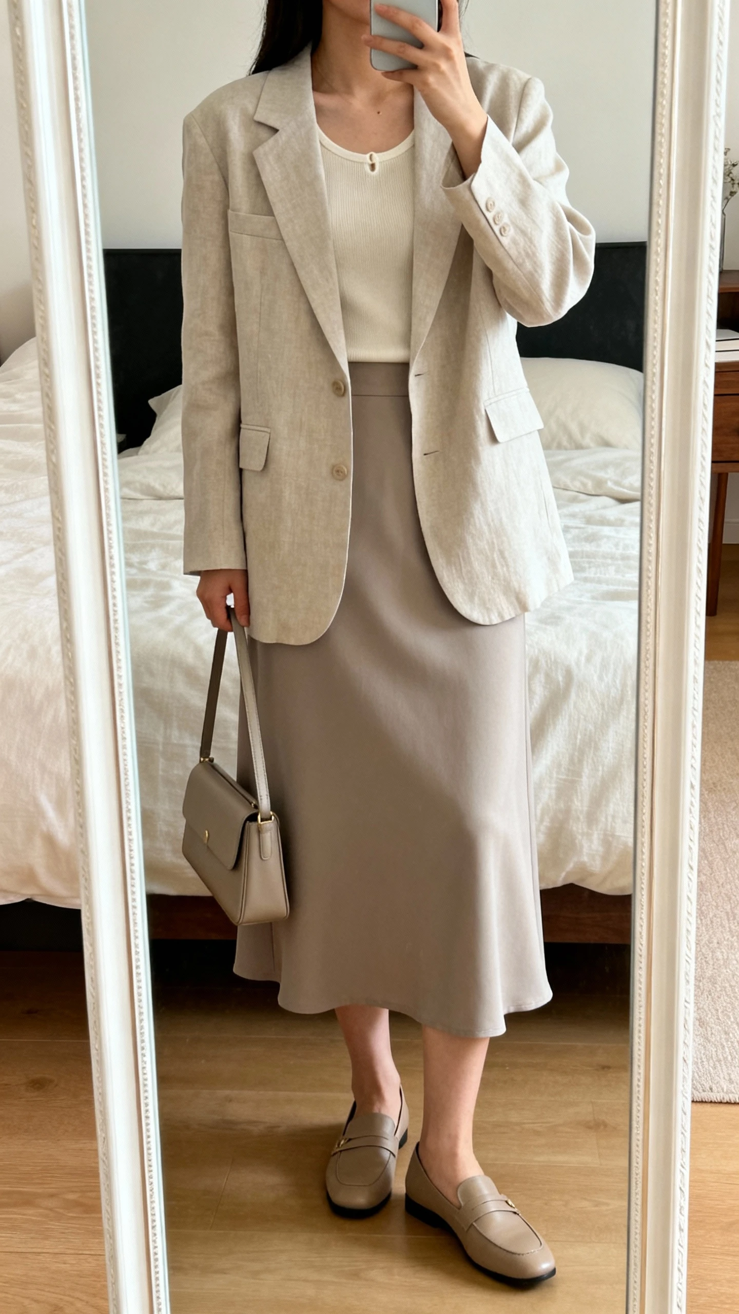 iPhone mirror selfie of a woman wearing soft suiting: a relaxed blazer over a coordinating midi skirt, with a modest shell top and loafers, carrying a slim tote, face not visible, cropped at shoulders, bedroom mirror, warm indoor lighting, iPhone photo quality.