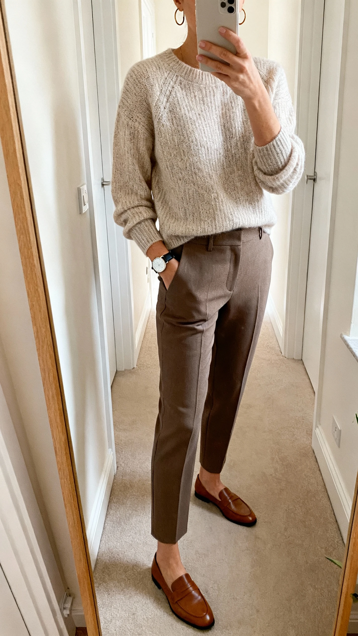 iPhone mirror selfie of a woman wearing tailored trousers with a gentle knit sweater, loafers, minimal hoop earrings, and a neat watch, face not visible, cropped at shoulders, full-length hallway mirror, soft indoor lighting, iPhone photo quality.