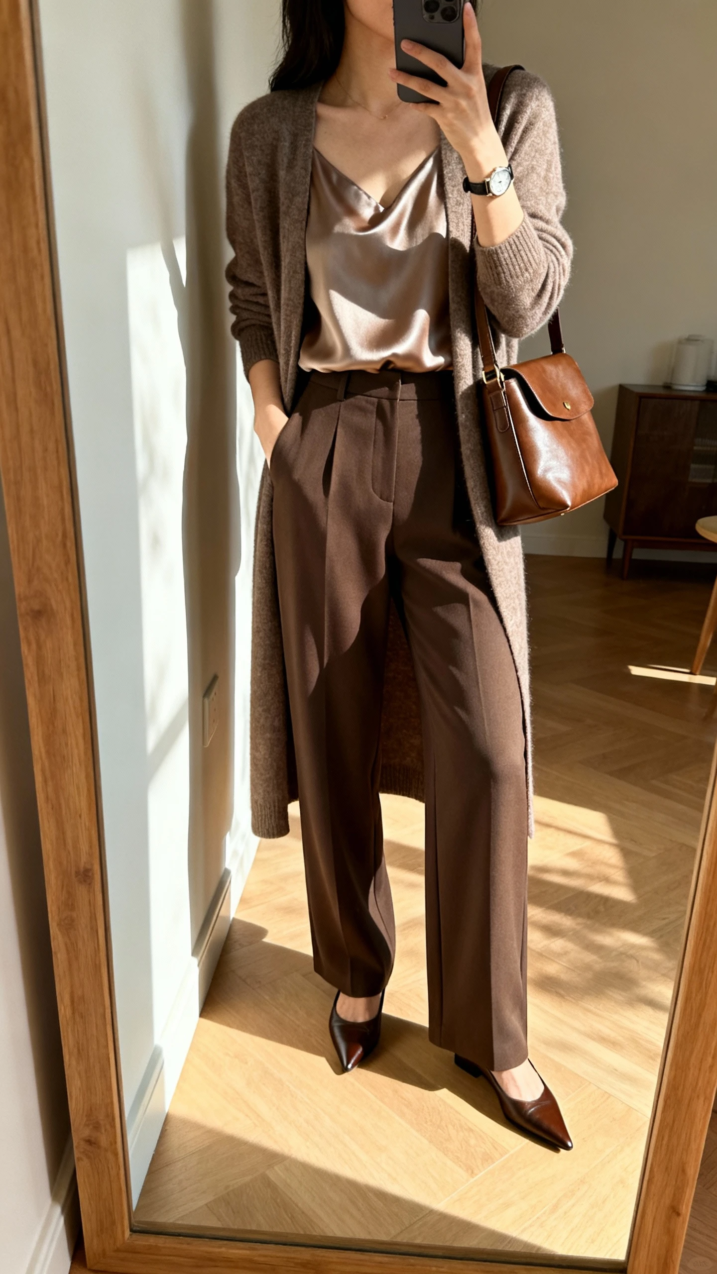 iPhone mirror selfie of a woman wearing tailored wide-leg trousers with a long cardigan over a silky shell, pointed-toe flats, leather shoulder bag, subtle watch, face not visible, side angle, full-length mirror, afternoon indoor lighting, iPhone photo quality.