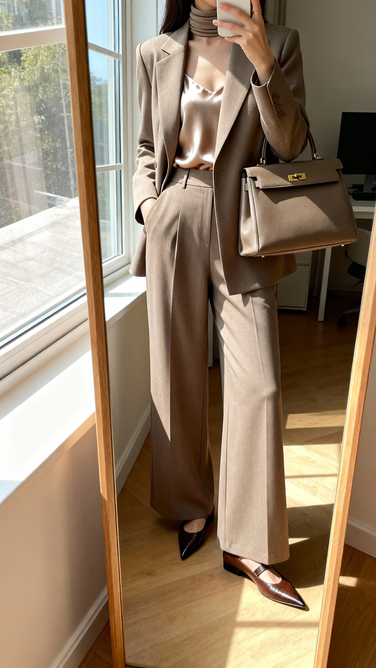 iPhone mirror selfie of a woman wearing wide-leg trousers with a matching high-neck blazer set, silk camisole hidden beneath, pointed-toe loafers, structured tote, face not visible, full-length mirror, bright morning window light, iPhone photo quality.