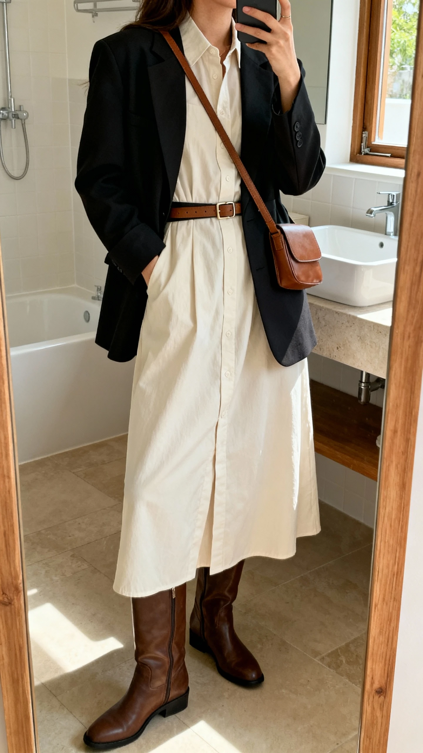 iPhone mirror selfie side angle of a woman wearing a maxi shirtdress with a belted blazer layered over it and knee-high boots, simple leather crossbody and slim belt, face not visible, bathroom full-length mirror, indoor natural light, iPhone photo quality.