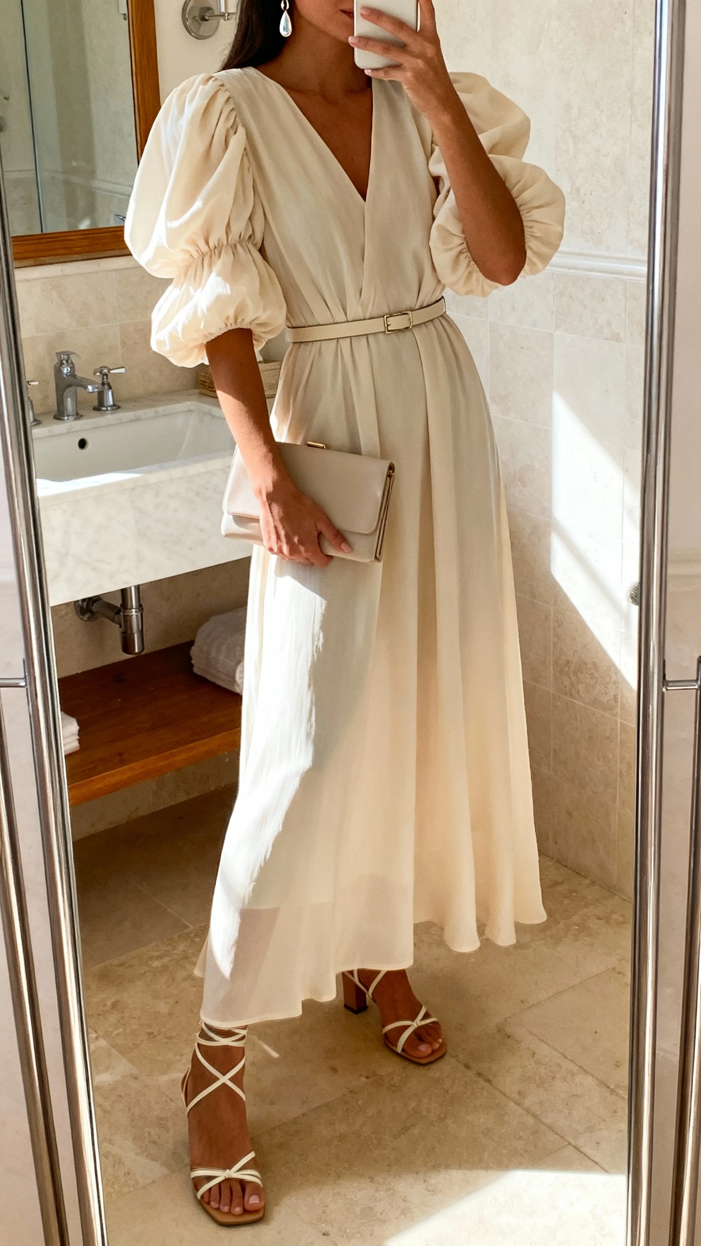 iPhone side-angle mirror selfie of a woman in a flowing maxi dress with statement puff sleeves, strappy low heels, a slim waist belt, drop earrings, and a minimal clutch, face not visible, bathroom full-length mirror, soft morning light, iPhone photo quality.