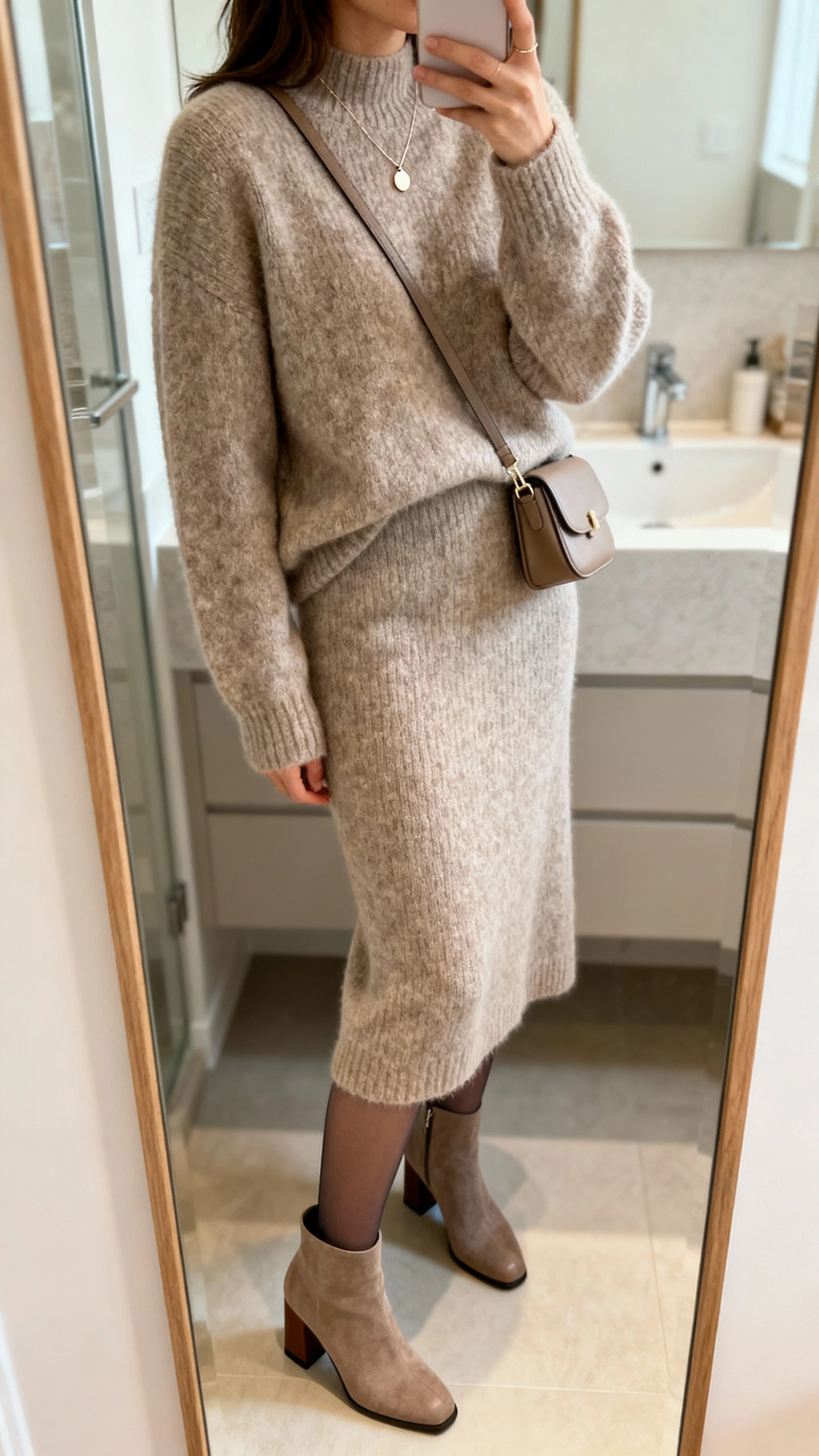 iPhone side-angle mirror selfie of a woman in a matching knit sweater and midi sweater skirt set, opaque tights, block-heel ankle boots, a small crossbody bag, and a delicate pendant necklace, face not visible, bathroom mirror, soft indoor lighting, iPhone photo quality.