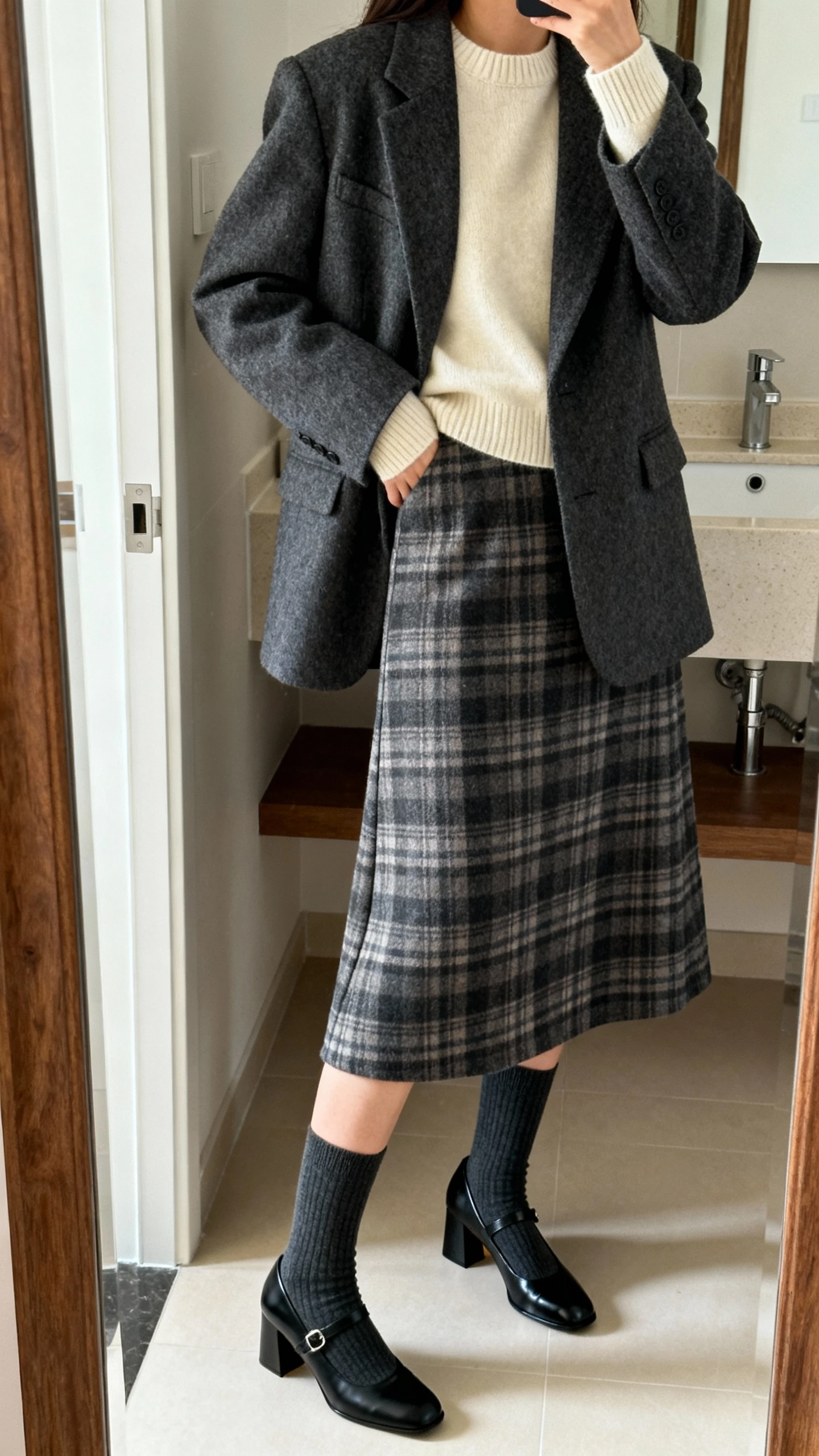 iPhone side-angle mirror selfie of a woman in a wool-blend plaid A-line midi skirt, cream cashmere crewneck sweater, coordinating charcoal wool blazer, black heeled Mary Janes with matching knee-high socks; face not visible, bathroom full-length mirror, soft indoor lighting, iPhone photo quality.