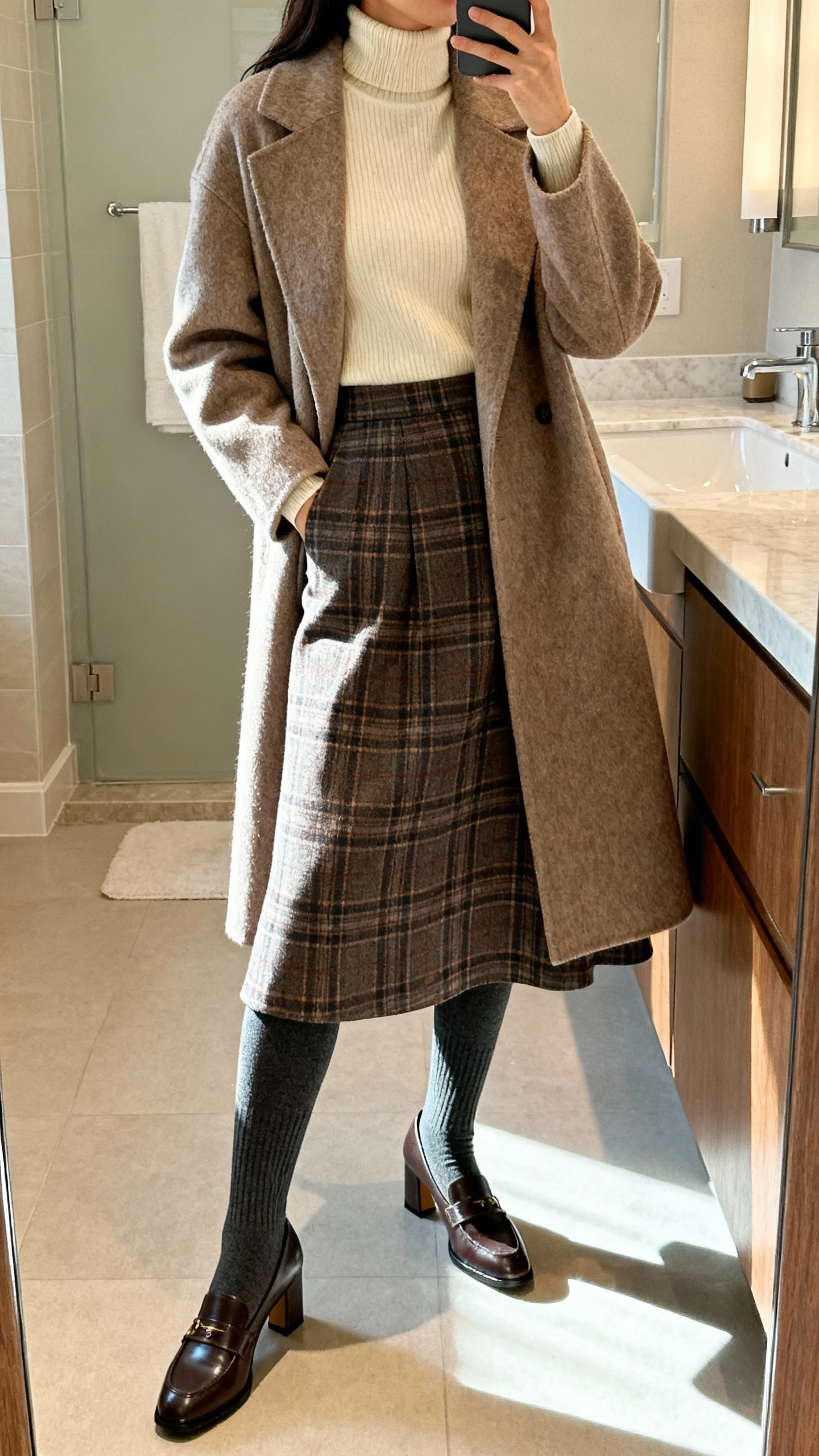 iPhone side-angle mirror selfie of a woman wearing an A-line plaid midi skirt, a fitted cream cashmere turtleneck, a wool longline coat, heeled loafers, and charcoal thermal tights, face not visible, bathroom mirror with soft indoor lighting, iPhone photo quality.