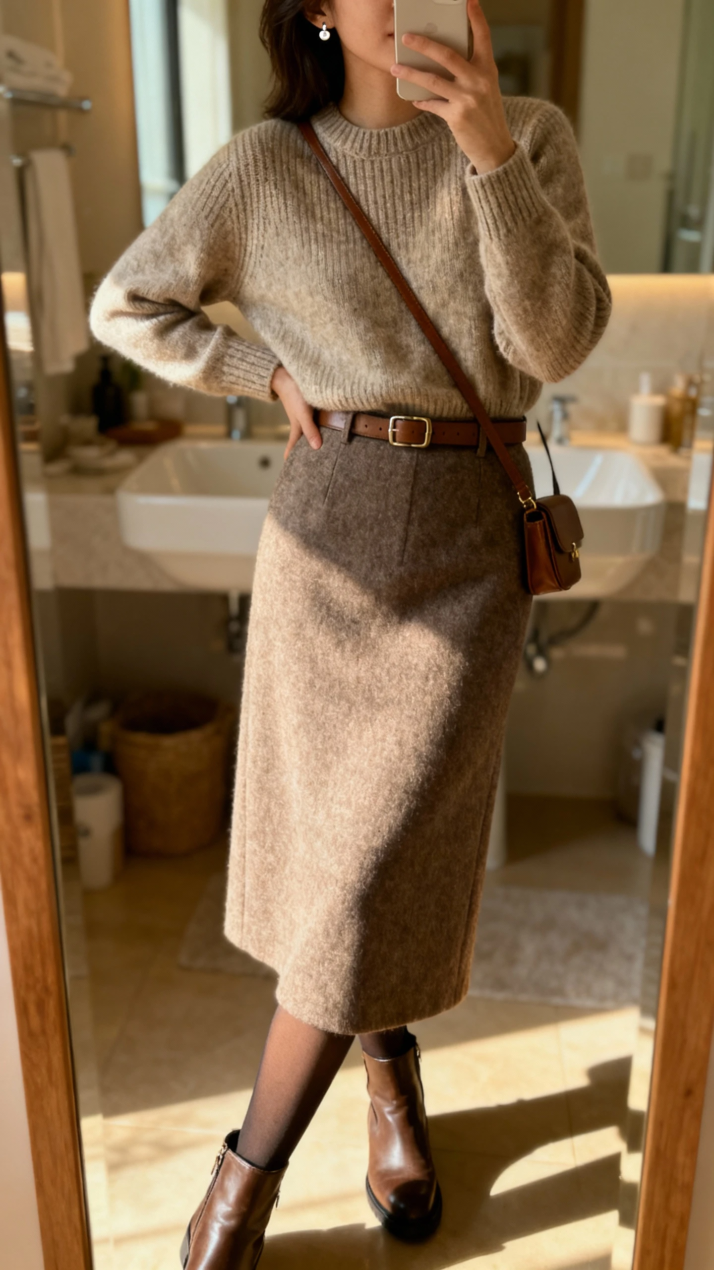 iPhone side-angle mirror selfie of a woman wearing a wool midi skirt with a fine knit crewneck sweater tucked in, opaque tights, ankle boots, slim leather belt, delicate stud earrings, small crossbody, face not visible, bathroom mirror, indoor warm lighting, iPhone photo quality.