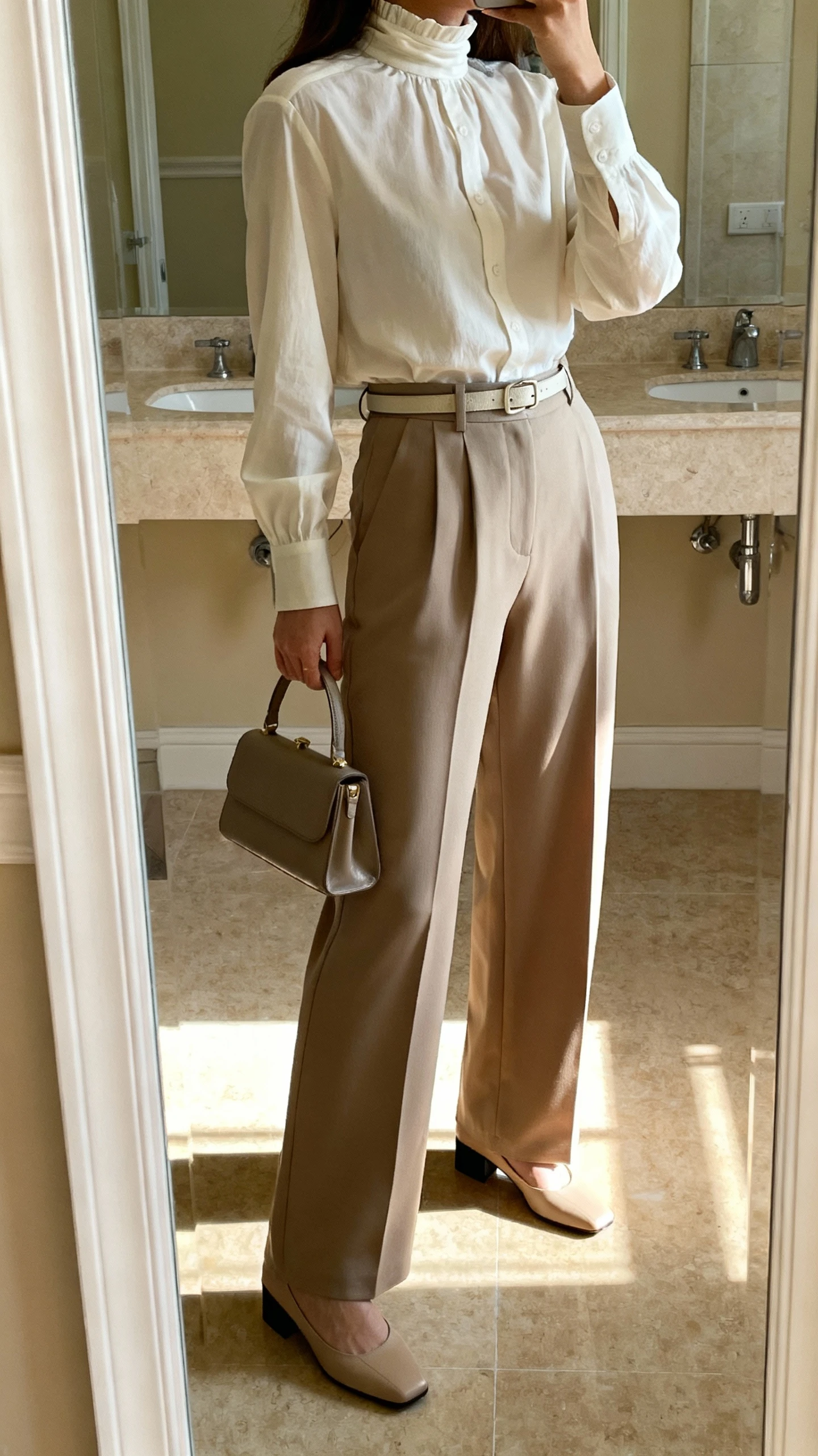iPhone side-angle mirror selfie of a woman wearing a crisp high-neck blouse tucked into wide-leg trousers with subtle belt and low block heels, carrying a small structured tote, face not visible, bathroom mirror, morning indoor light, iPhone photo quality