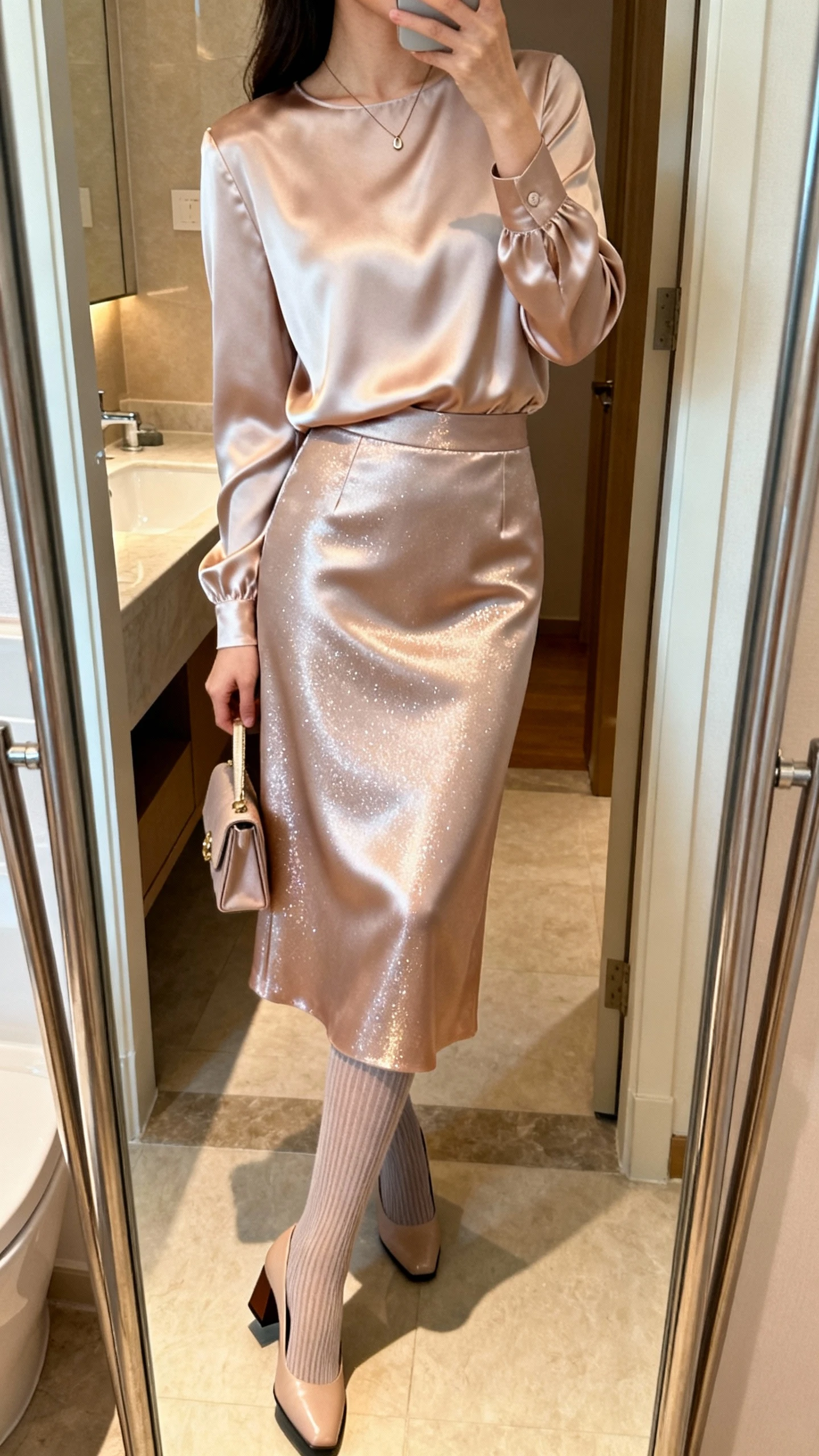 iPhone side-angle mirror selfie of a woman wearing an elegant satin-finish skirt set (matching long-sleeve top and midi skirt) with subtle shimmer, fine knit tights, low block-heel pumps, small clutch, and a thin pendant necklace, face not visible, bathroom mirror with soft indoor lighting, iPhone photo quality.