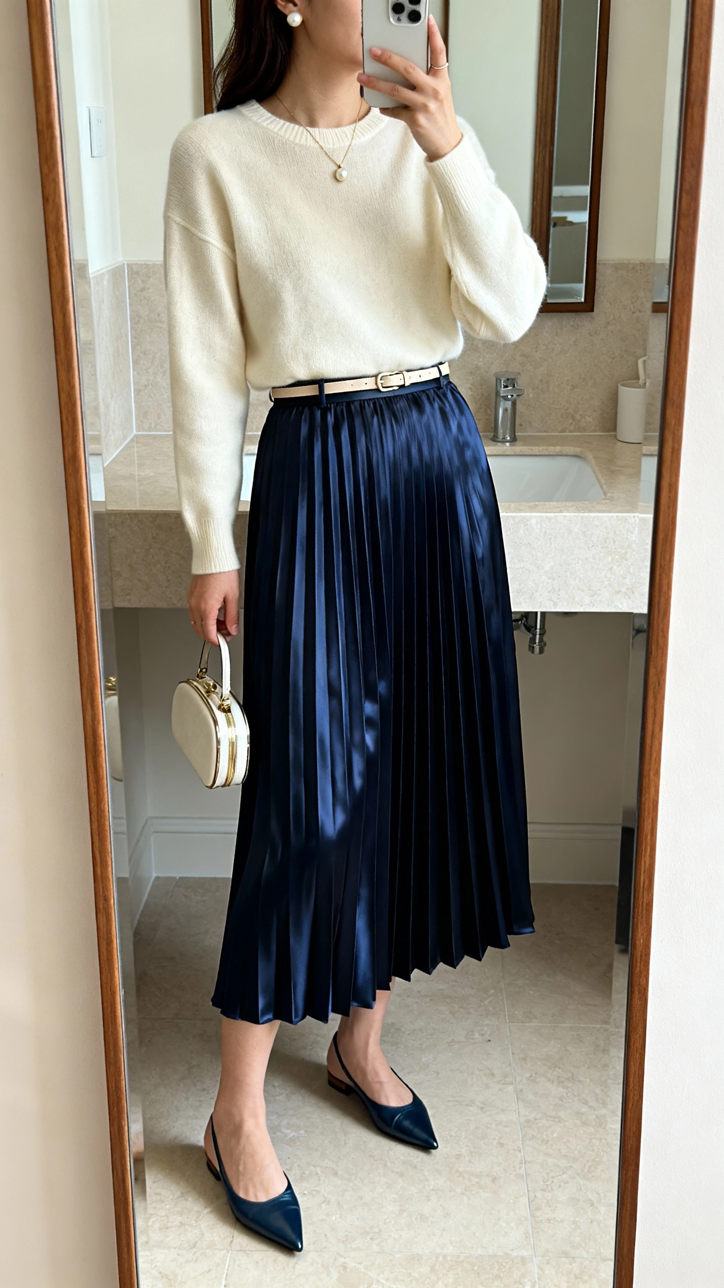 iPhone side-angle mirror selfie of a woman wearing a navy satin midi pleated skirt, a cream cashmere crewneck tucked with a thin waist belt, pointed-toe flats, pearl studs, a dainty pendant necklace, and a compact handbag, face not visible, bathroom full-length mirror, soft indoor lighting, iPhone photo quality.
