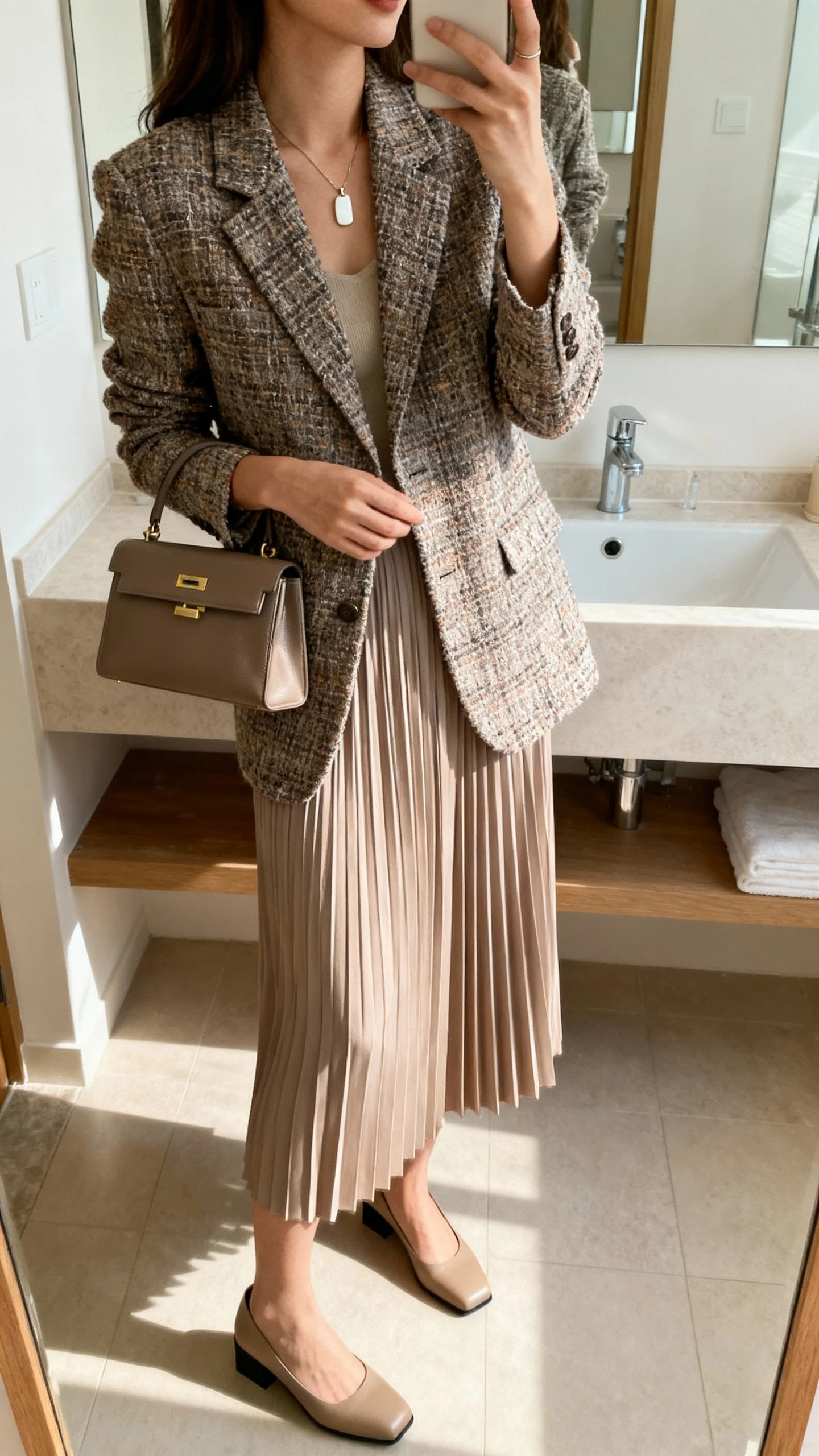 iPhone side-angle mirror selfie of a woman wearing a tweed blazer over a pleated midi skirt, low block heels, structured satchel, and a simple pendant; face not visible, bathroom mirror, soft morning light, iPhone photo quality.