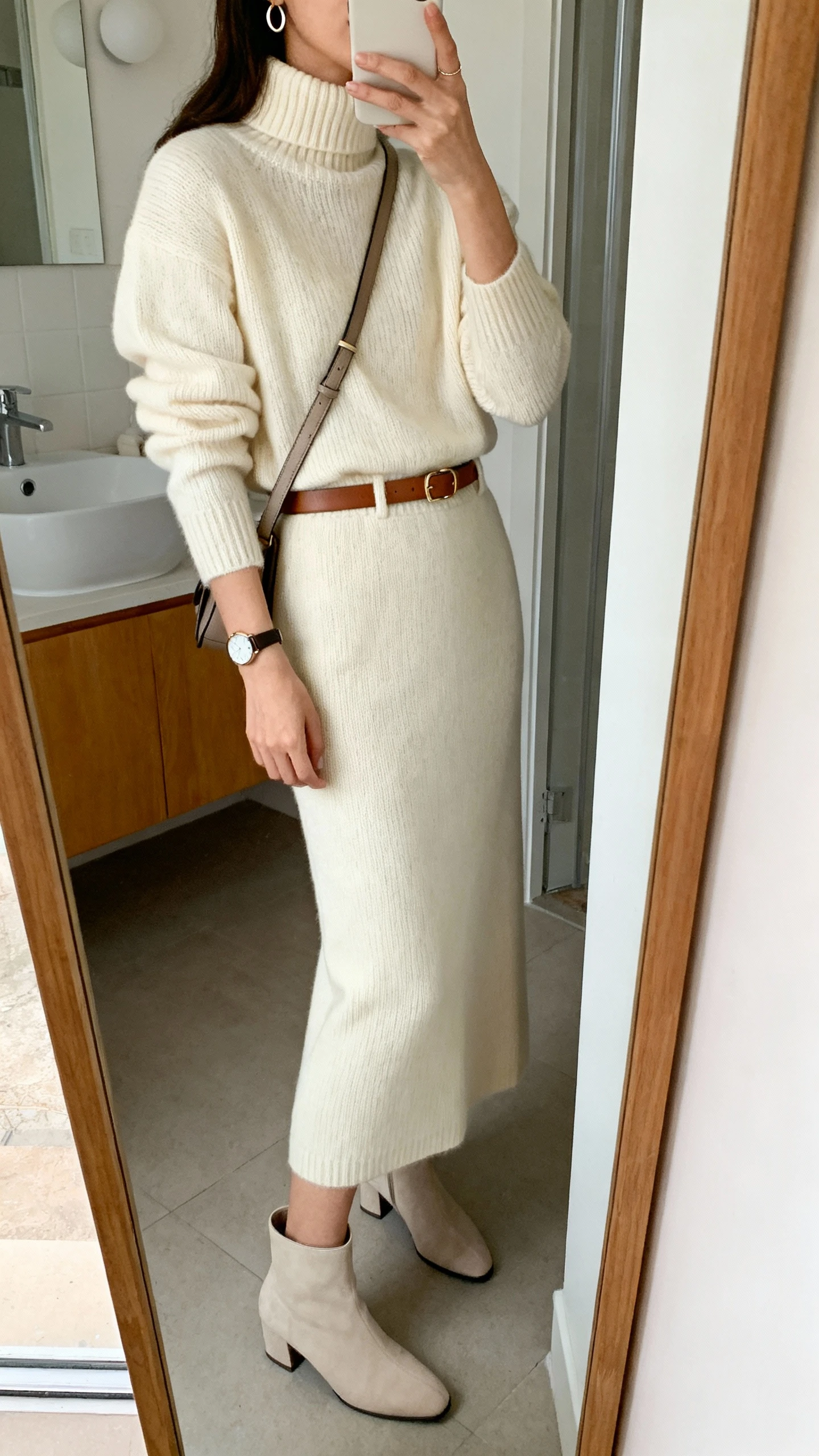iPhone side-angle mirror selfie of a woman wearing a monochrome knit set: matching cream knit sweater (mock neck) and straight knit midi skirt, low-heel ankle boots, a slim leather belt, minimal hoop earrings, a classic watch, and a crossbody bag; face not visible, bathroom mirror, soft indoor lighting, iPhone photo quality.