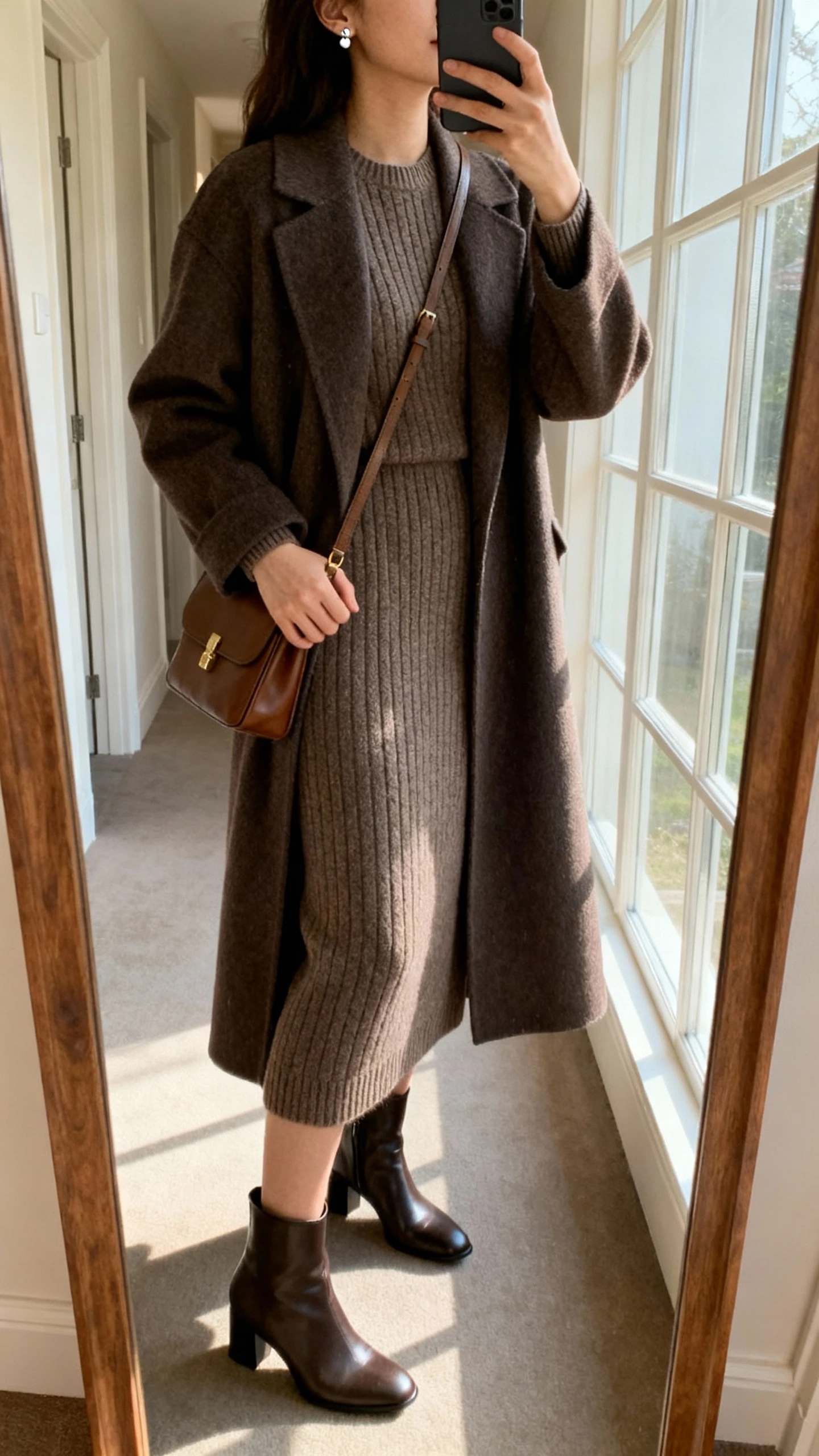 iPhone side-angle mirror selfie of a woman wearing a tailored knit dress under a longline coat, minimal stud earrings, refined crossbody bag, and sleek ankle boots, face not visible, cropped at shoulders, hallway mirror, soft afternoon window light, iPhone photo quality.