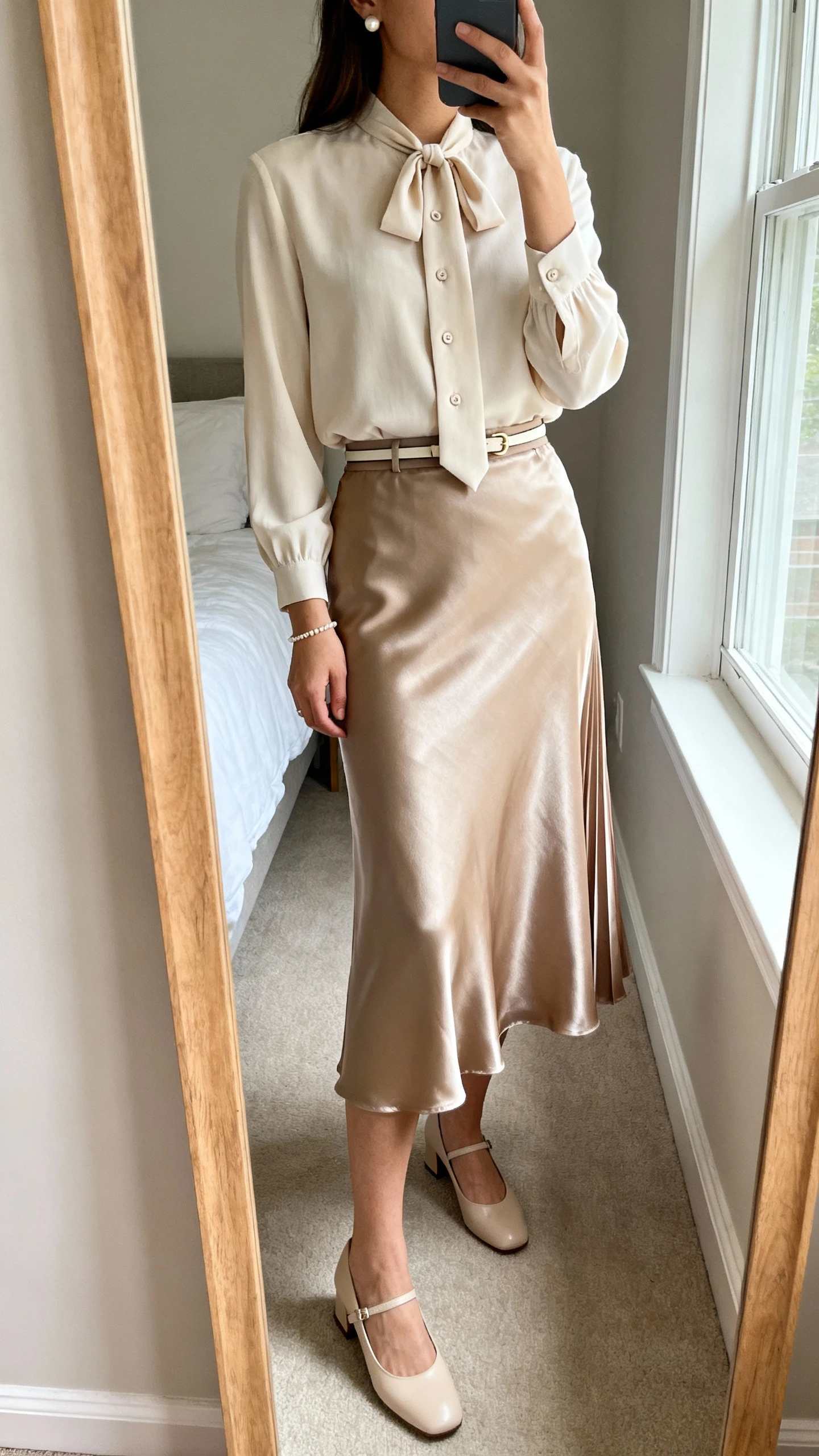 iPhone side-angle mirror selfie of a woman wearing a high-waisted pleated midi skirt (satin), a long-sleeve button-up blouse with a tie-neck, low-heel Mary Janes, a thin waist belt, small pearl studs, and a simple bracelet; face not visible, cropped at shoulders, bedroom mirror, natural window light, iPhone photo quality.